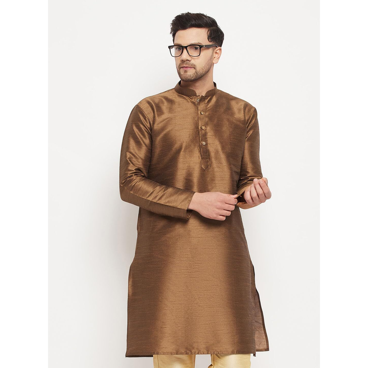 VASTRAMAY Men's Cotton Silk Blend Kurta-New Brown