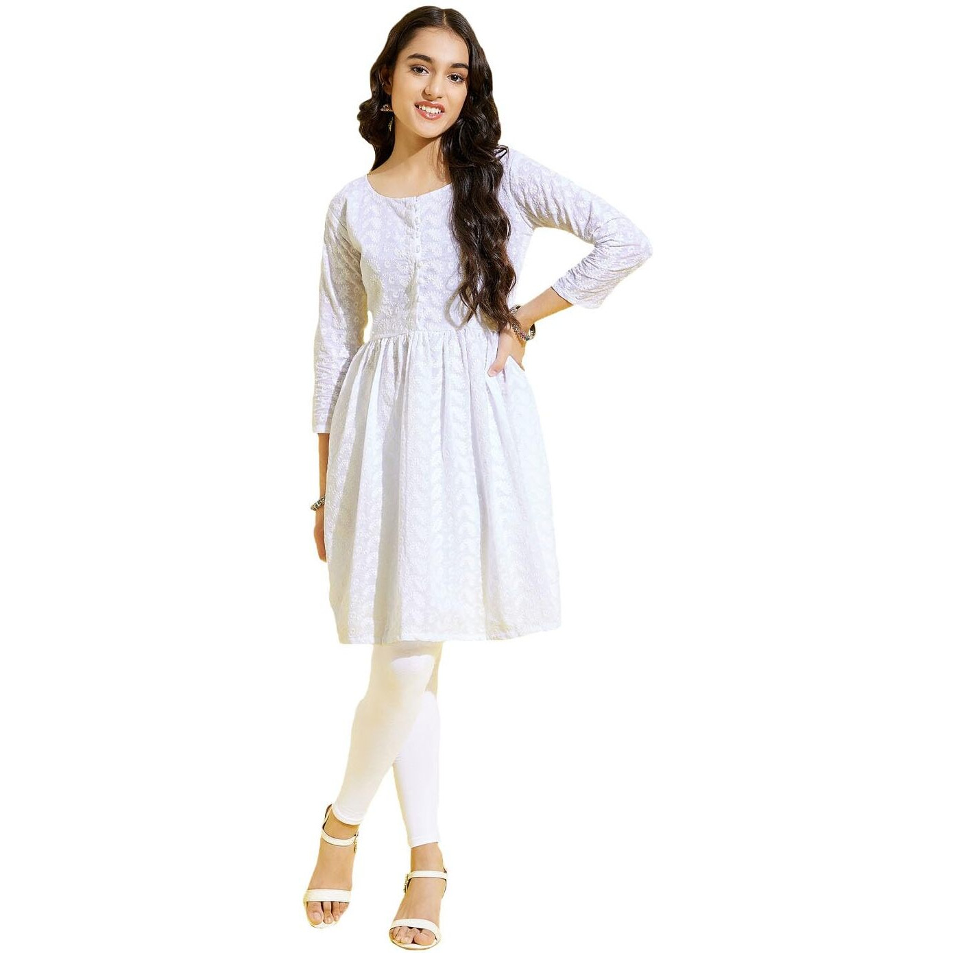 VASTRAMAY YUVA Girls' White Kurta And Leggings Set || Pure Cotton Lukhnowi Chikankari Anarkali Kurta With Cotton Hosiery Leggings || Elegant For Holi & EID Celebration_VYUVGK094WHnGL01WH_36XL
