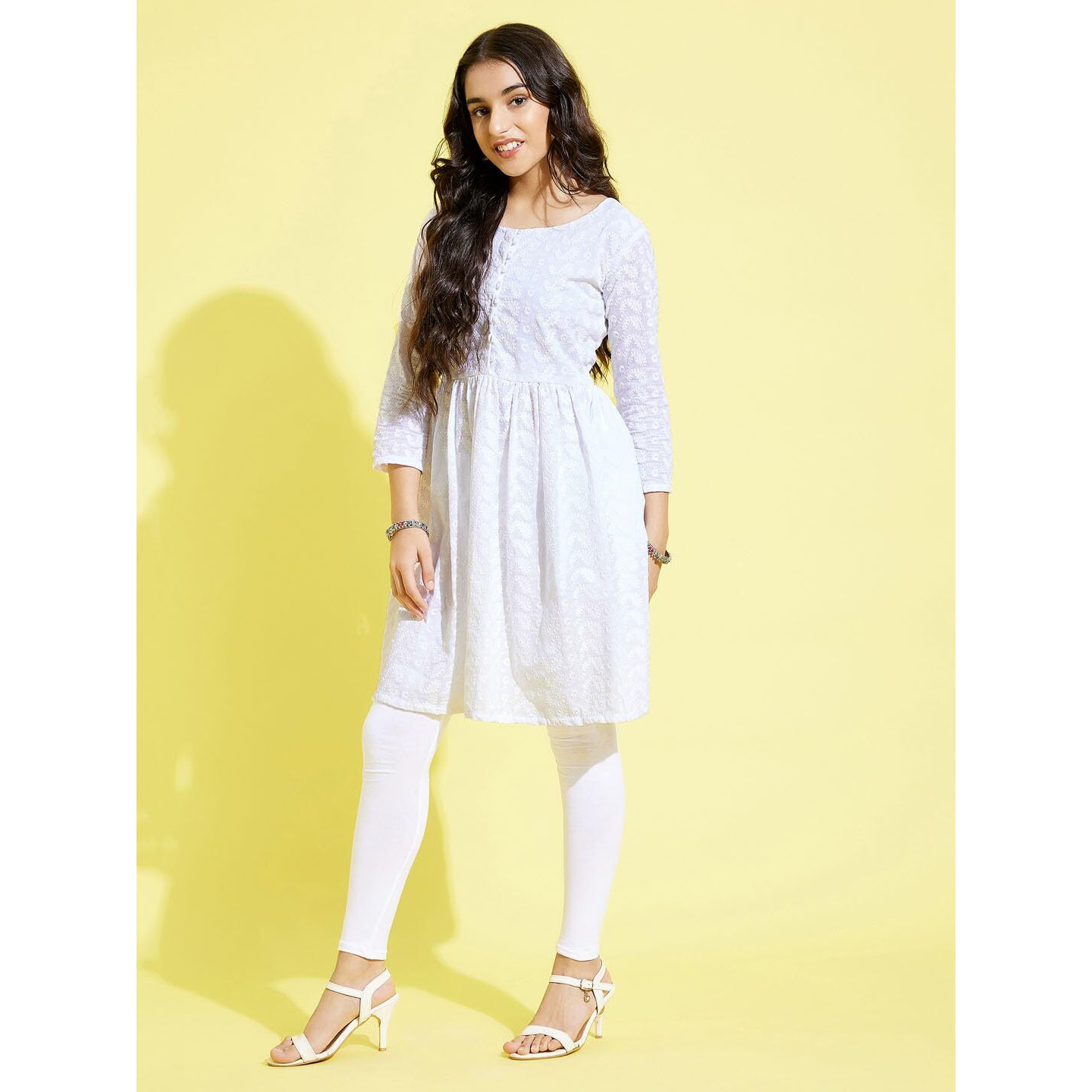VASTRAMAY YUVA Girls' White Kurta And Leggings Set || Pure Cotton Lukhnowi Chikankari Anarkali Kurta With Cotton Hosiery Leggings || Elegant For Holi & EID Celebration_VYUVGK094WHnGL01WH_36XL
