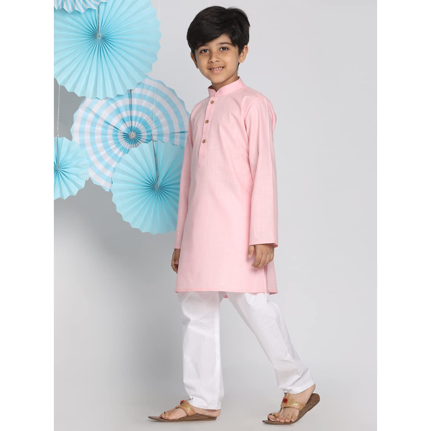 VASTRAMAY Boys' Cotton Solid Color Kurta with Full Sleeves, Mandarin Collar & Wooden Buttons  White Elasticated Waist Pyjama Set for Ethnic and Festive Occasions
