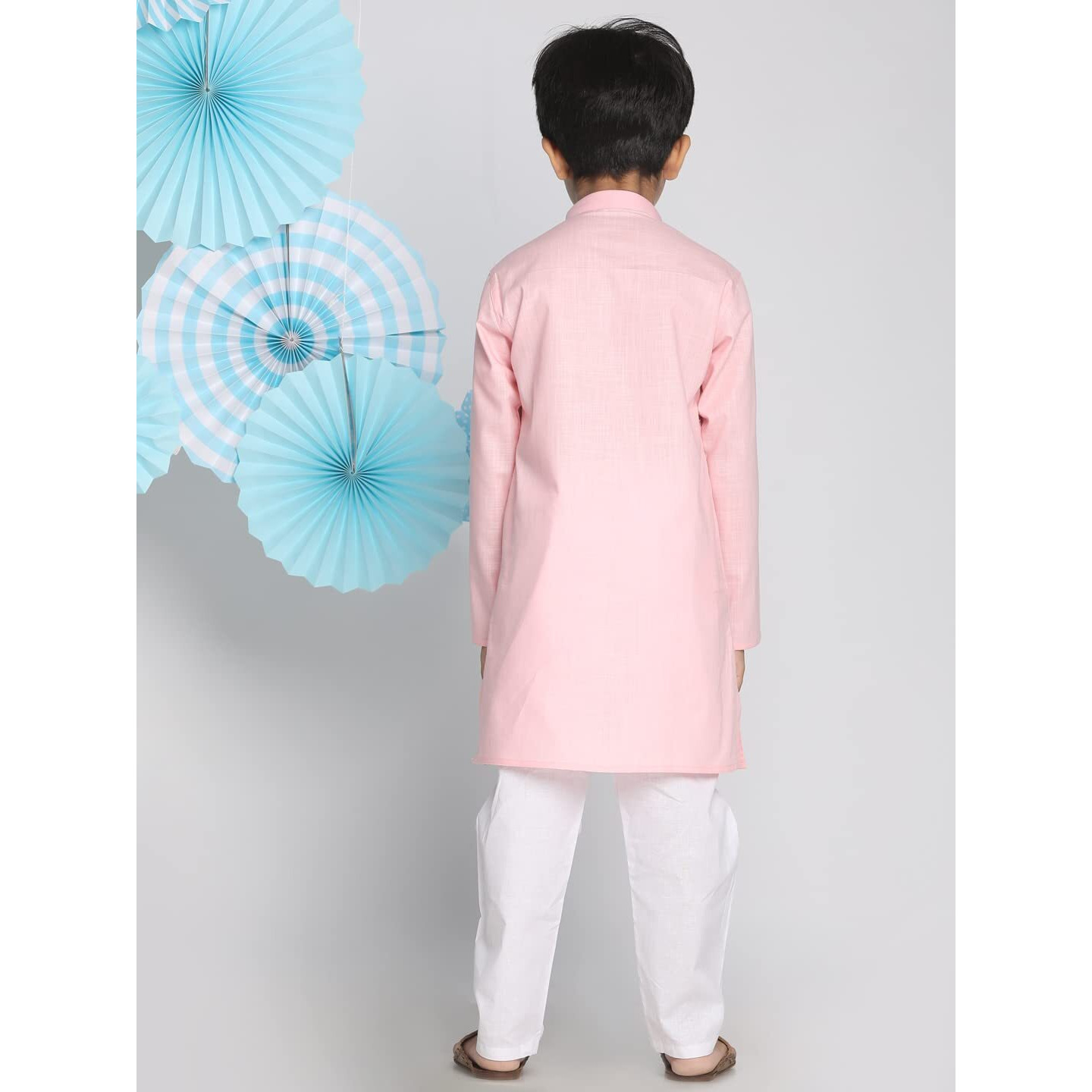 VASTRAMAY Boys' Cotton Solid Color Kurta with Full Sleeves, Mandarin Collar & Wooden Buttons  White Elasticated Waist Pyjama Set for Ethnic and Festive Occasions