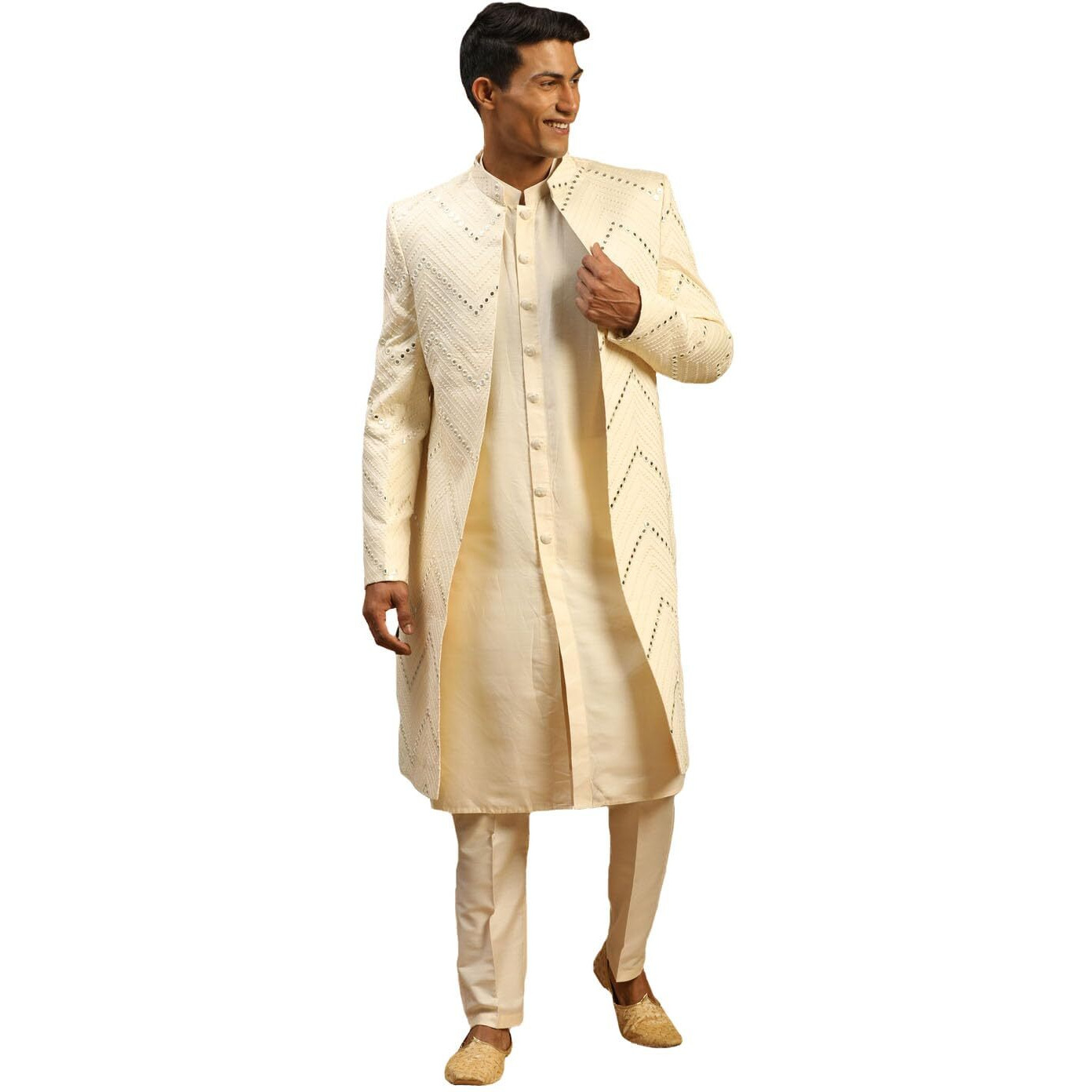 VASTRAMAY Men's Cream Viscose Sherwani Set | Set Of Layered Mirror Work Front Open Sherwani Set With Pant Style Pyjama