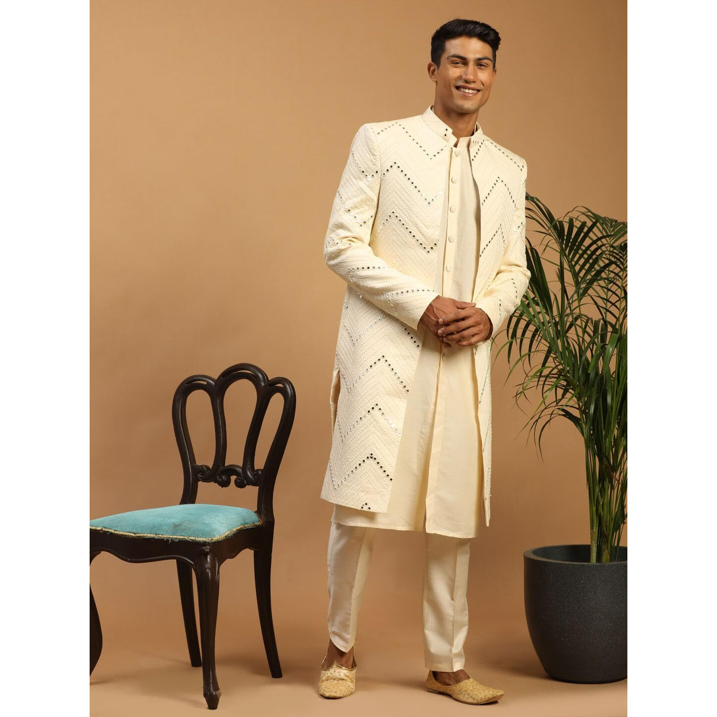 VASTRAMAY Men's Cream Viscose Sherwani Set | Set Of Layered Mirror Work Front Open Sherwani Set With Pant Style Pyjama
