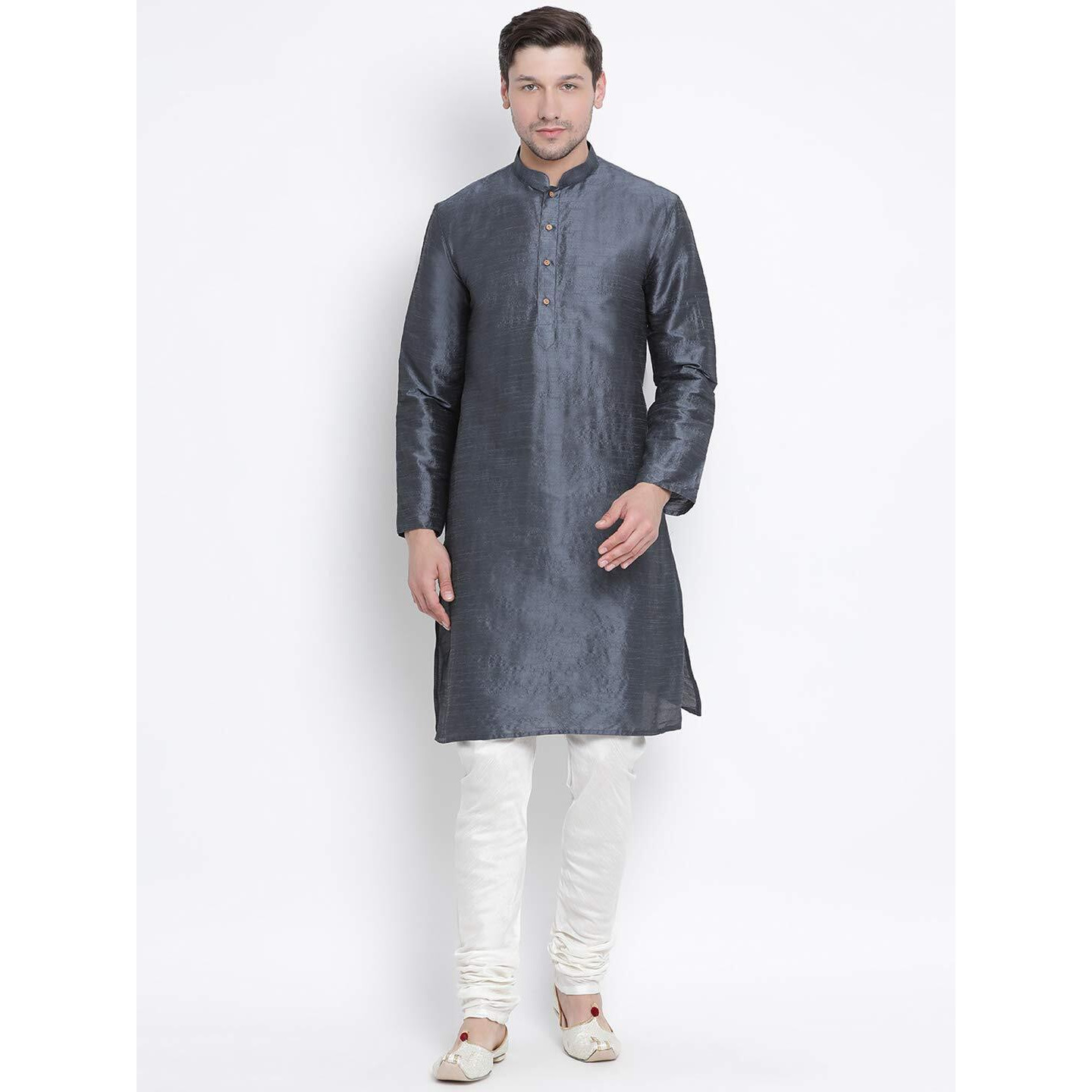 VASTRAMAY Men's Slate Cotton Silk Blend Kurta and Pyjama Set_VASMK001STnPCR_46
