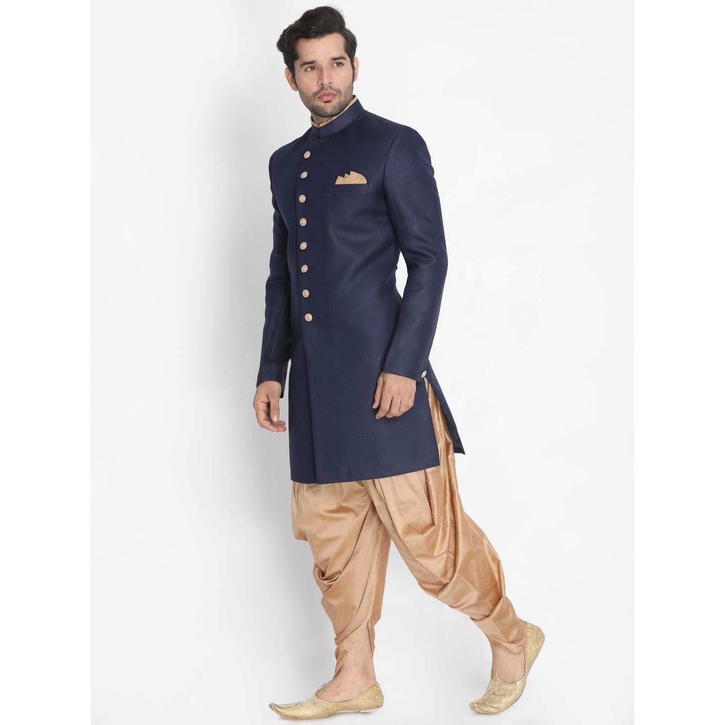 VASTRAMAY Men's Navy Blue Silk Blend Sherwani Set_VASMIW001NBnCDRG_40