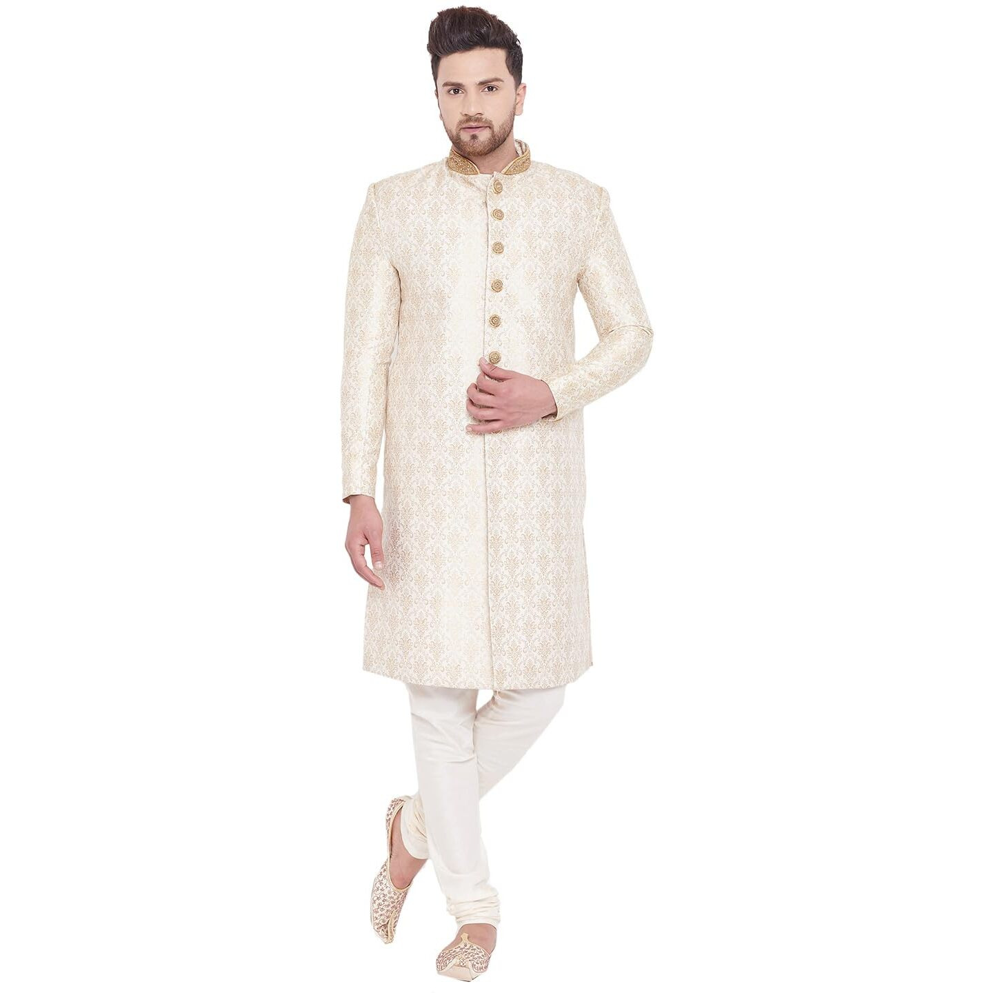 VASTRAMAY Men's Beige And Gold Silk Blend Sherwani Set_VASMSW127BGnMVPGO_40