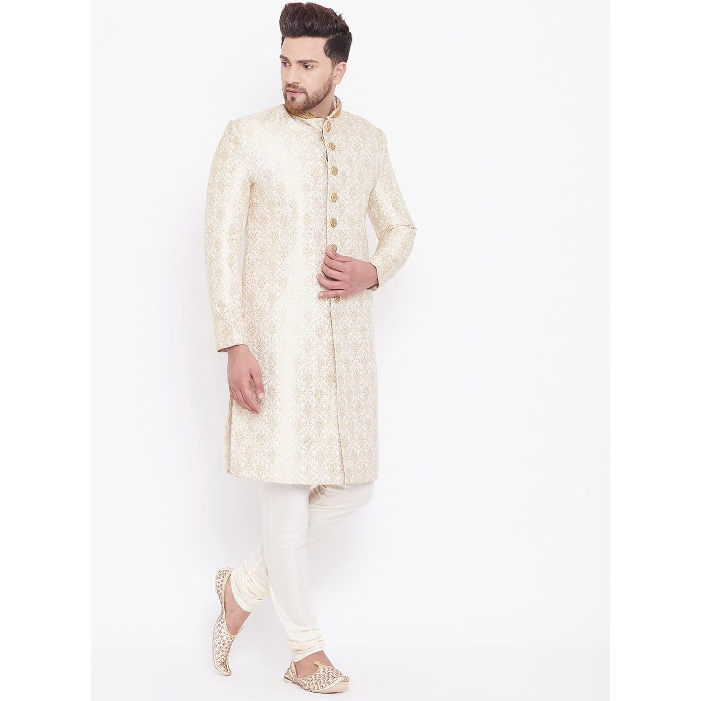 VASTRAMAY Men's Beige And Gold Silk Blend Sherwani Set_VASMSW127BGnMVPGO_40