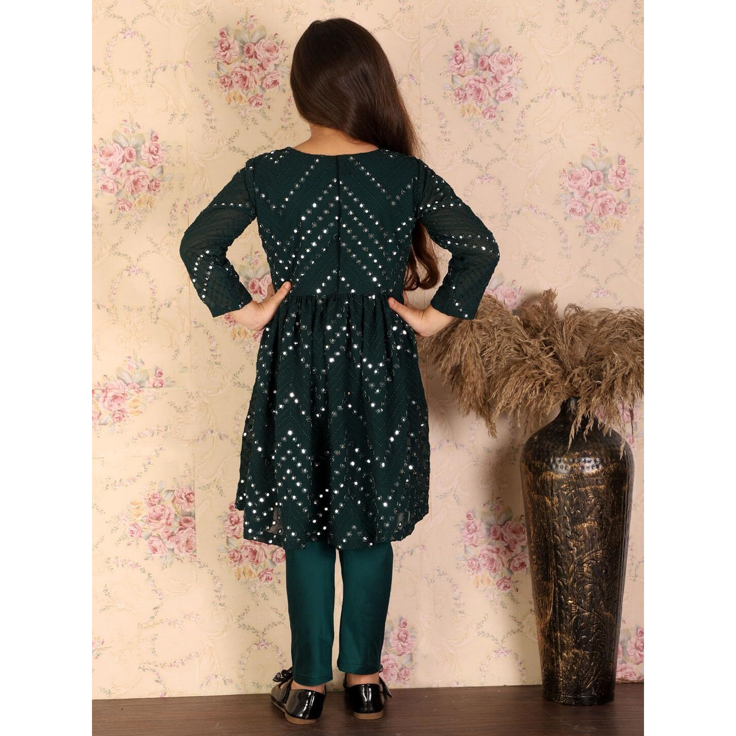 VASTRAMAY Girls' Handcrafted Georgette Kurta & Churidar Set  Mirror Work Embroidery, Gathered Waist & Button Closure