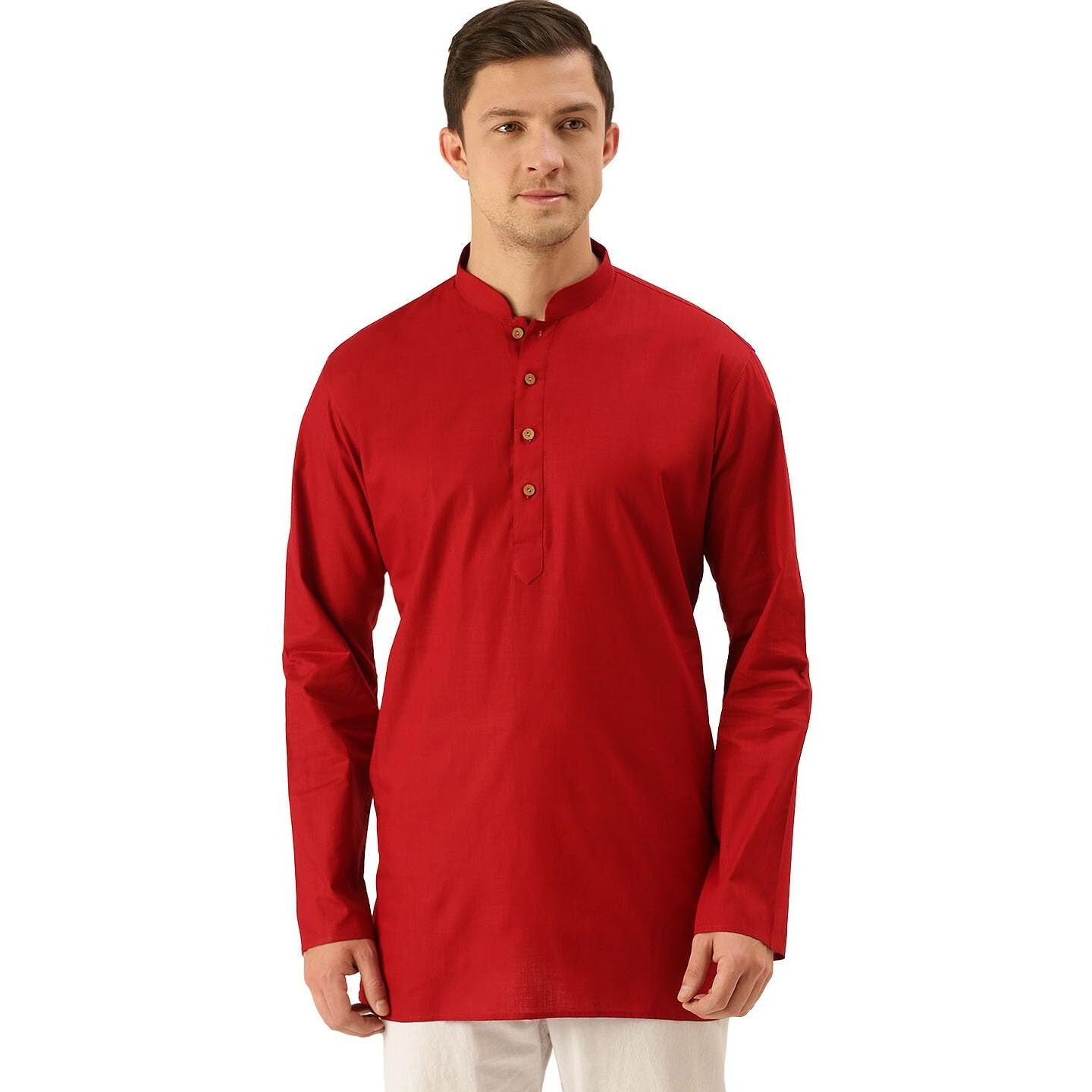 VASTRAMAY Men's Maroon Cotton Linen Short Kurta-VASMMK006MA_36