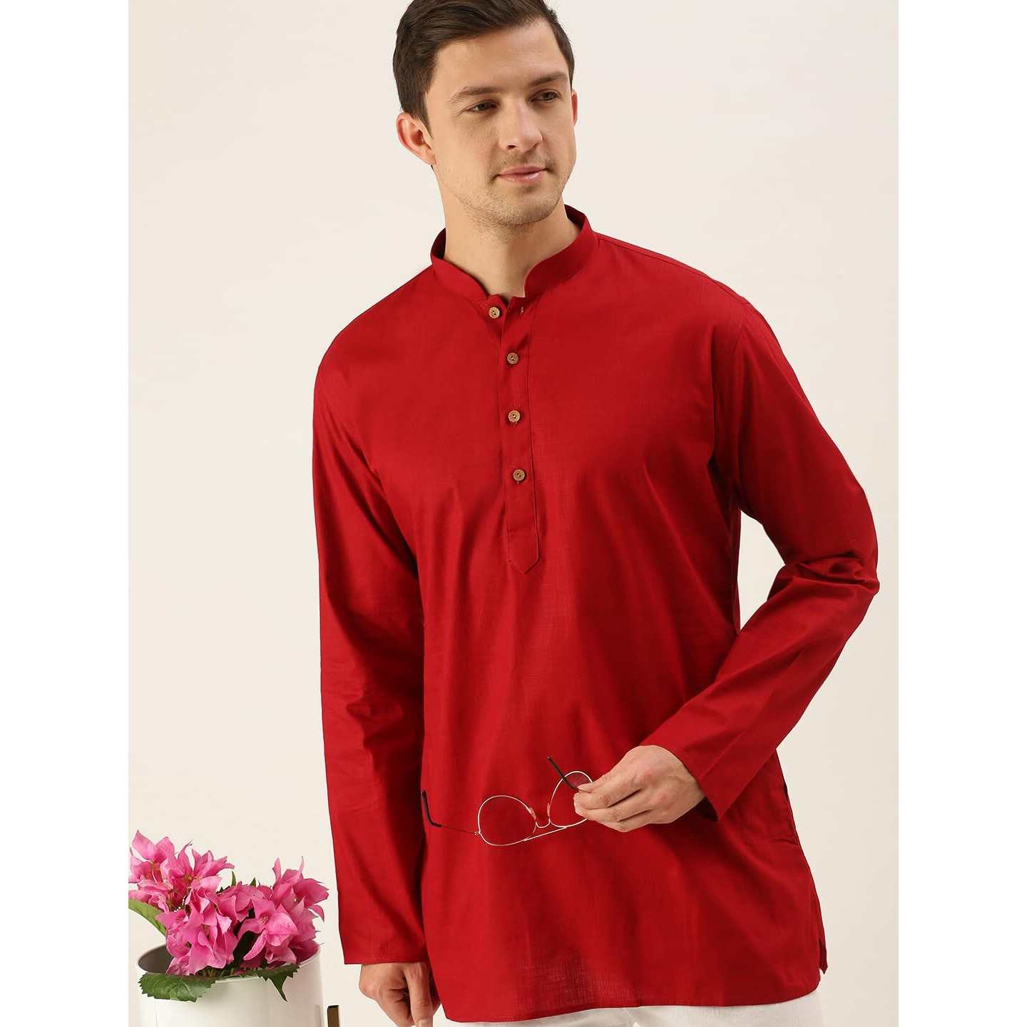VASTRAMAY Men's Maroon Cotton Linen Short Kurta-VASMMK006MA_36