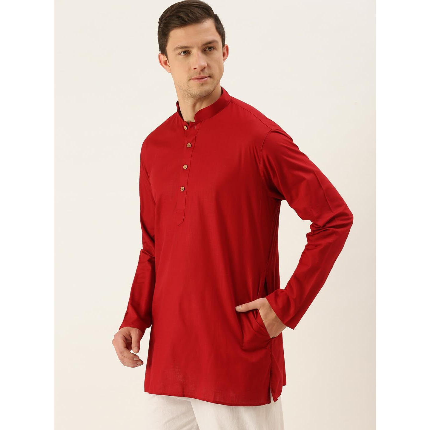 VASTRAMAY Men's Maroon Cotton Linen Short Kurta-VASMMK006MA_36