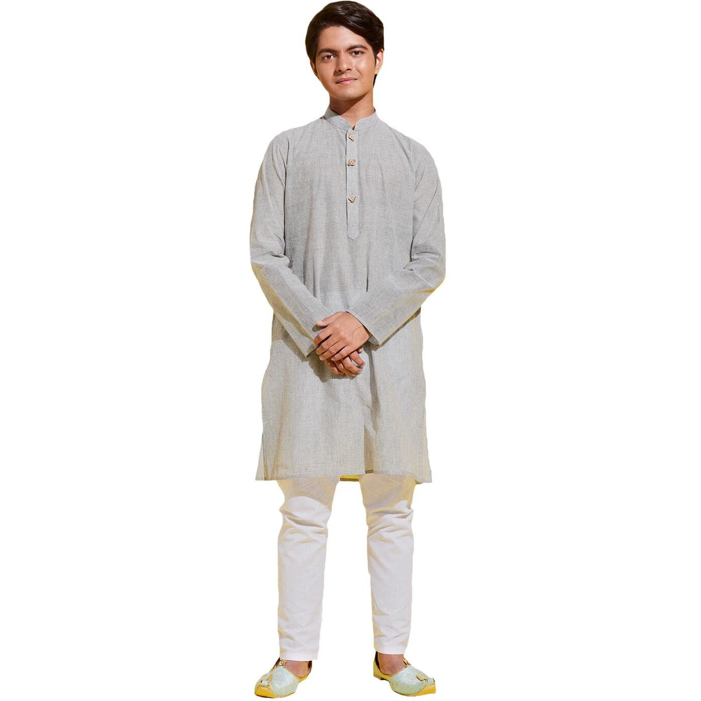 VASTRAMAY YUVA Boys' Ash Grey and White Pure Cotton Kurta Pyjama Set_VYUVBK070GYnPWH_36M