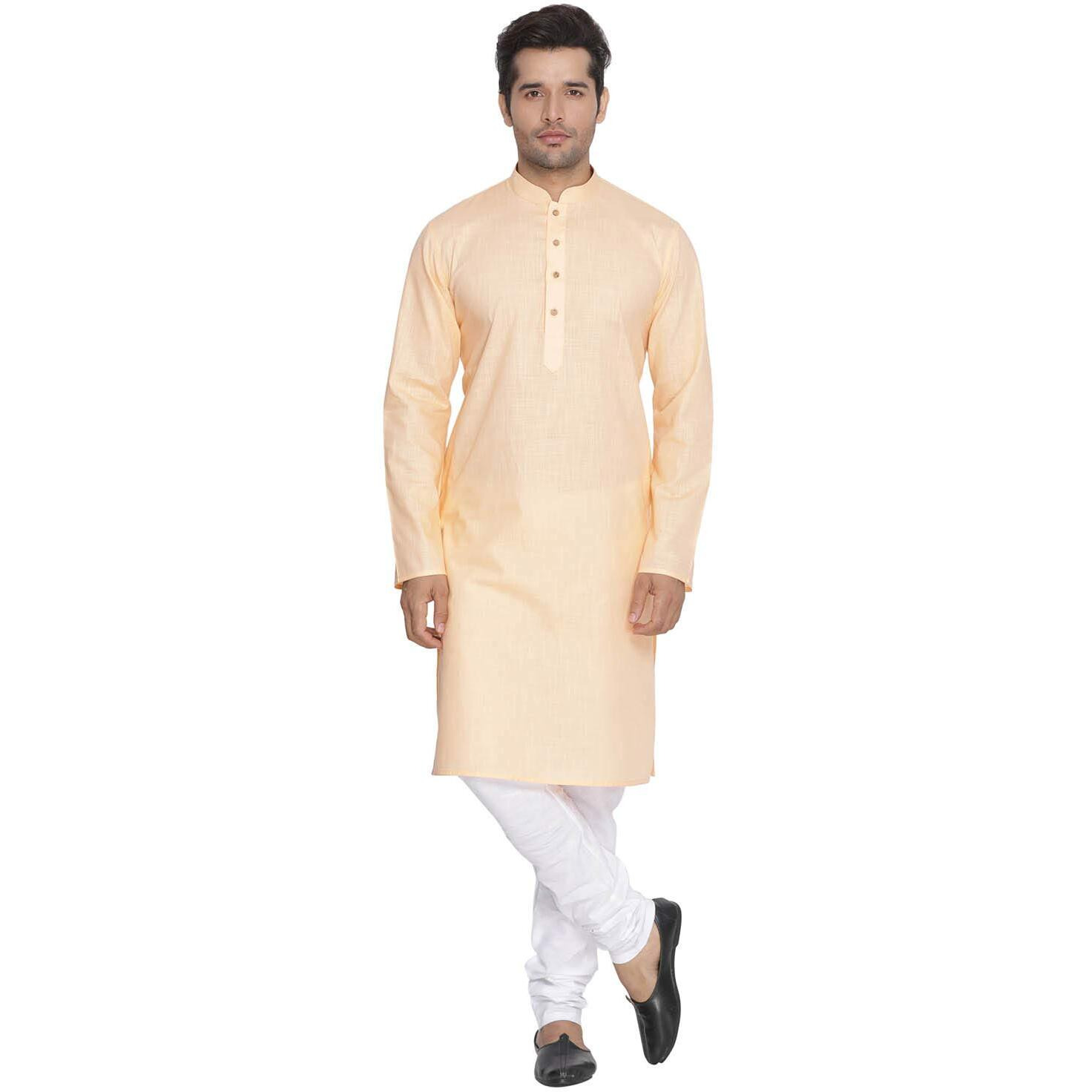 VASTRAMAY Men Beige Cotton Kurta and Pyjama Set (VASMK007FNnPCWH_44)