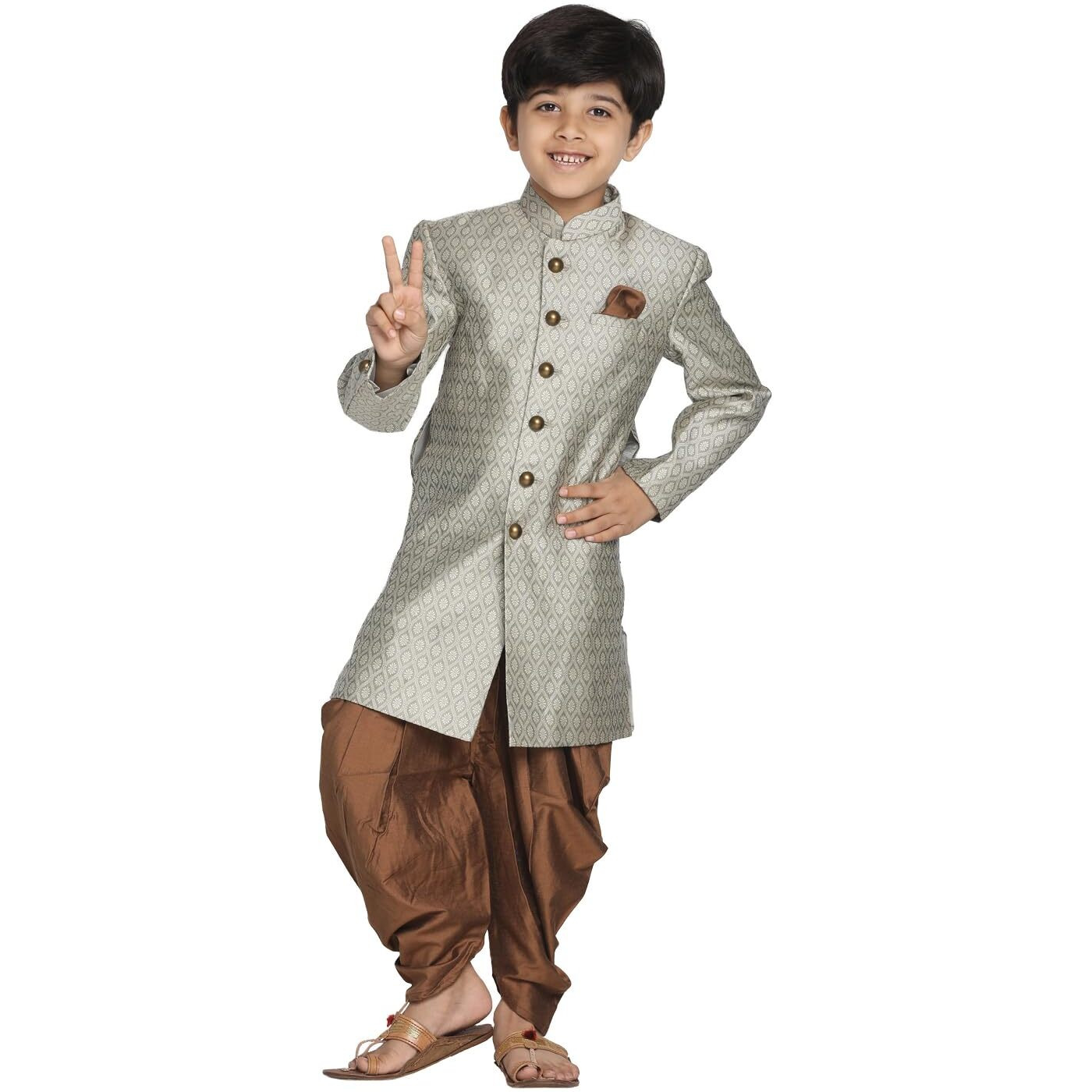 VASTRAMAY Boys' Beige,Grey And Coffee Indowestern Sherwani and Cowl dhoti pant Set_VASBIW105BGnCDCO_34