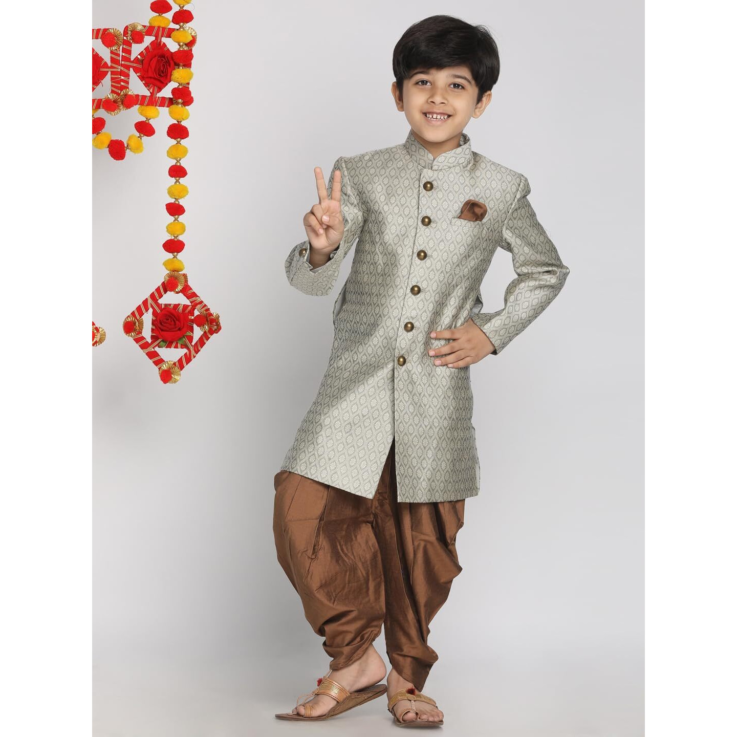 VASTRAMAY Boys' Beige,Grey And Coffee Indowestern Sherwani and Cowl dhoti pant Set_VASBIW105BGnCDCO_34