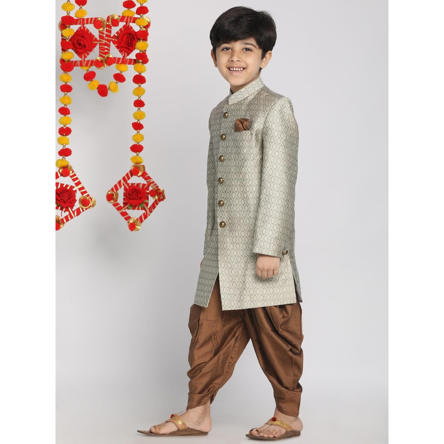 VASTRAMAY Boys' Beige,Grey And Coffee Indowestern Sherwani and Cowl dhoti pant Set_VASBIW105BGnCDCO_34
