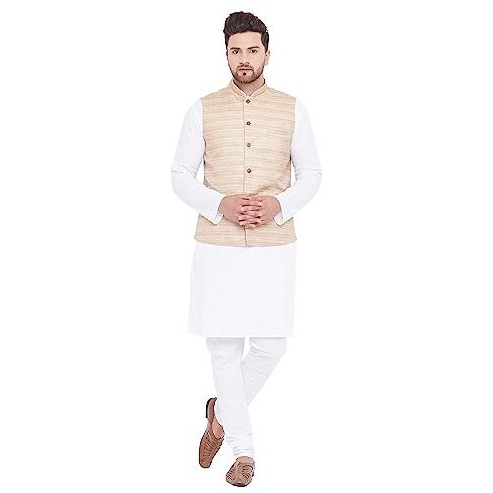 VASTRAMAY Men's Beige And White Cotton Blend Jacket, Kurta and Pyjama Set_VASMJ121BGnMK007WHnPCWH_38