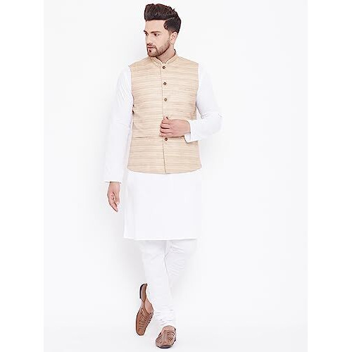 VASTRAMAY Men's Beige And White Cotton Blend Jacket, Kurta and Pyjama Set_VASMJ121BGnMK007WHnPCWH_38