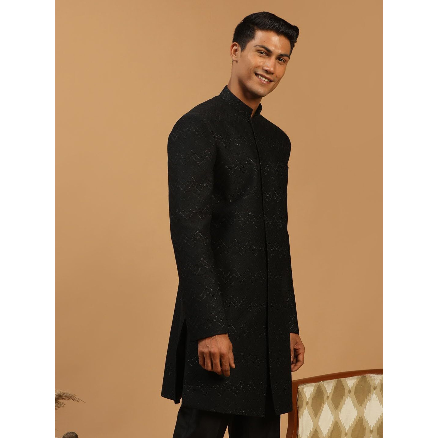 VASTRAMAY Men's Black Silk Blend Sherwani Only Top | Imported Fabric Designer Indowestern Top