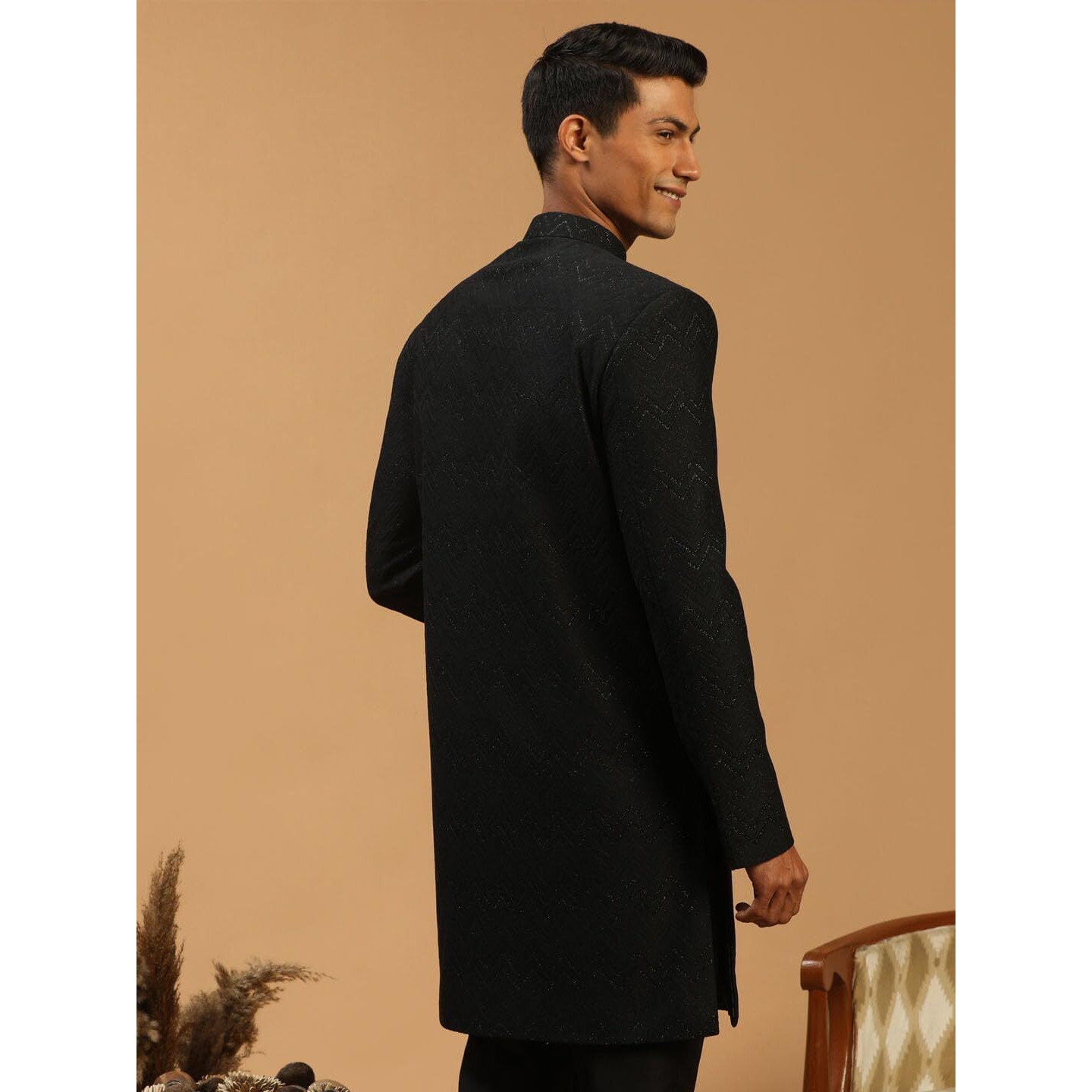 VASTRAMAY Men's Black Silk Blend Sherwani Only Top | Imported Fabric Designer Indowestern Top