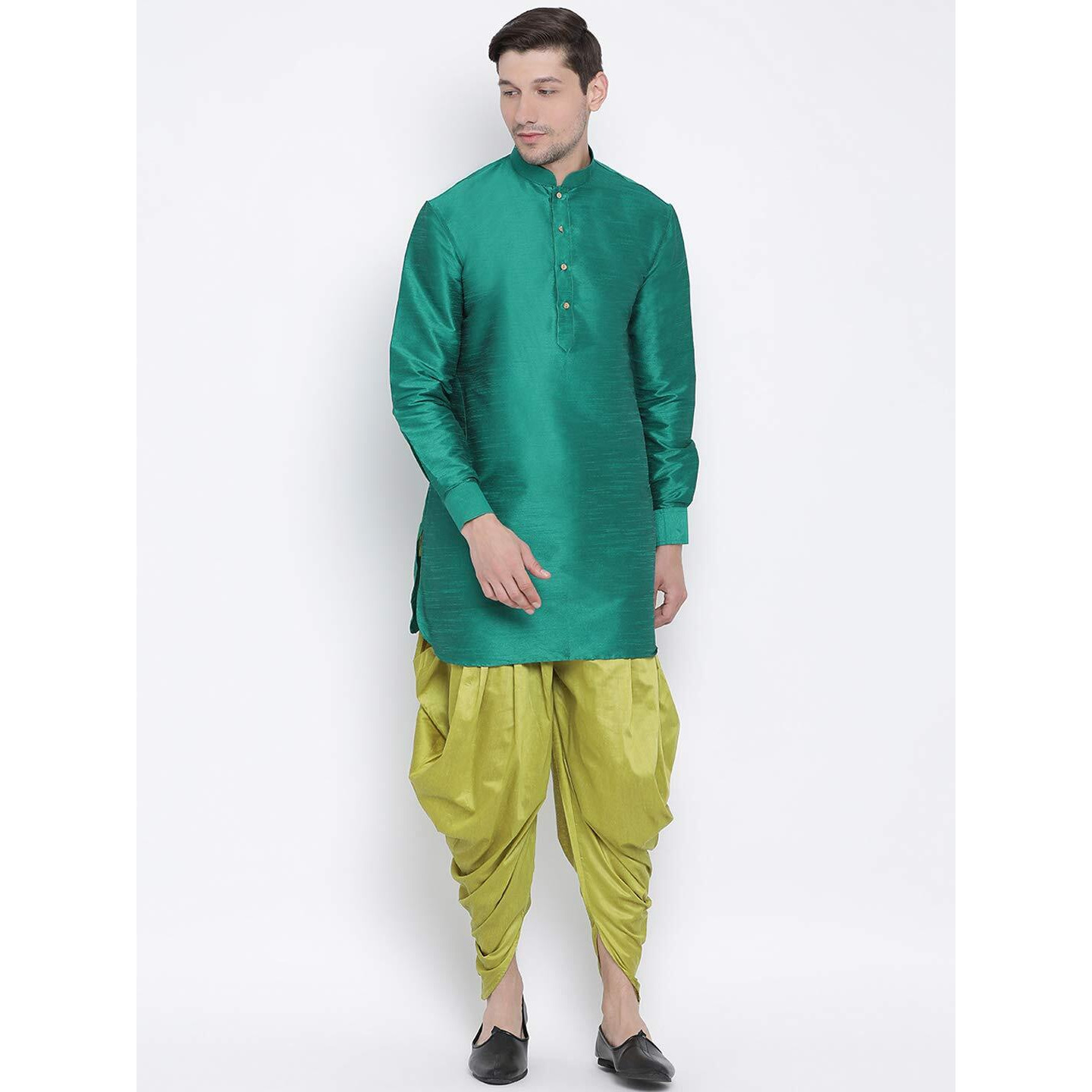 VASTRAMAY Men's Green Cotton Silk Blend Kurta and Dhoti Pant Set_VASMUK001GNnCDCY_44