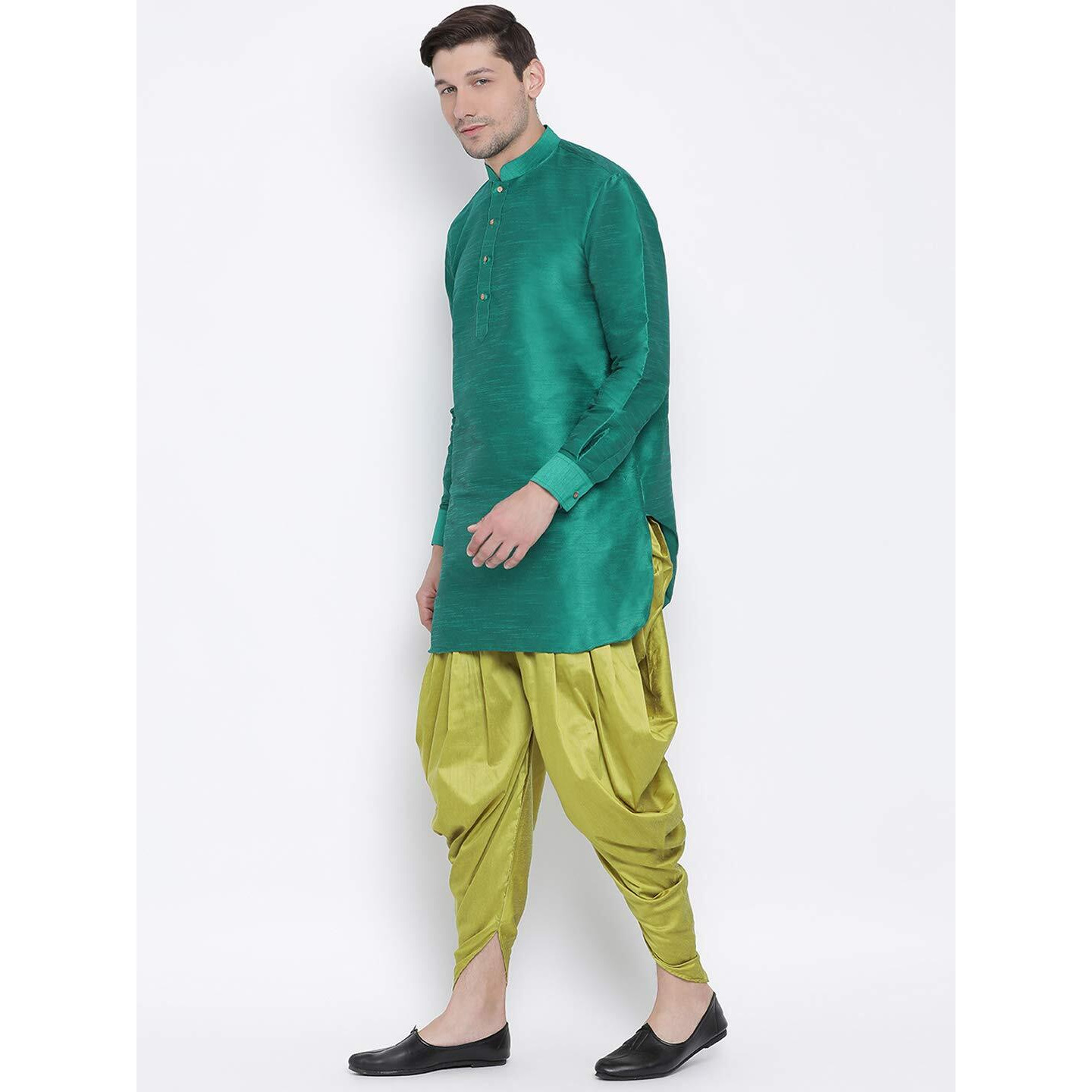 VASTRAMAY Men's Green Cotton Silk Blend Kurta and Dhoti Pant Set_VASMUK001GNnCDCY_44