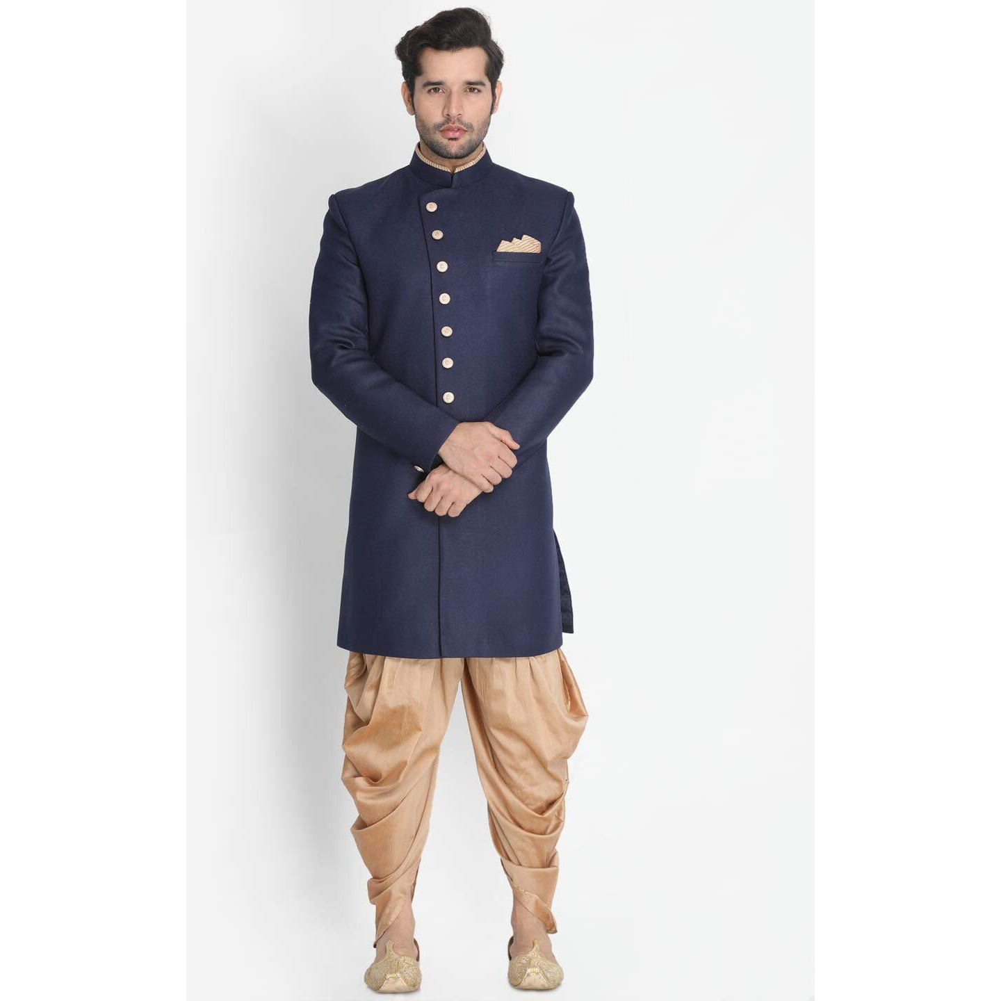 VASTRAMAY Men's Navy Blue Silk Blend Sherwani Set_VASMIW001NBnCDRG_36