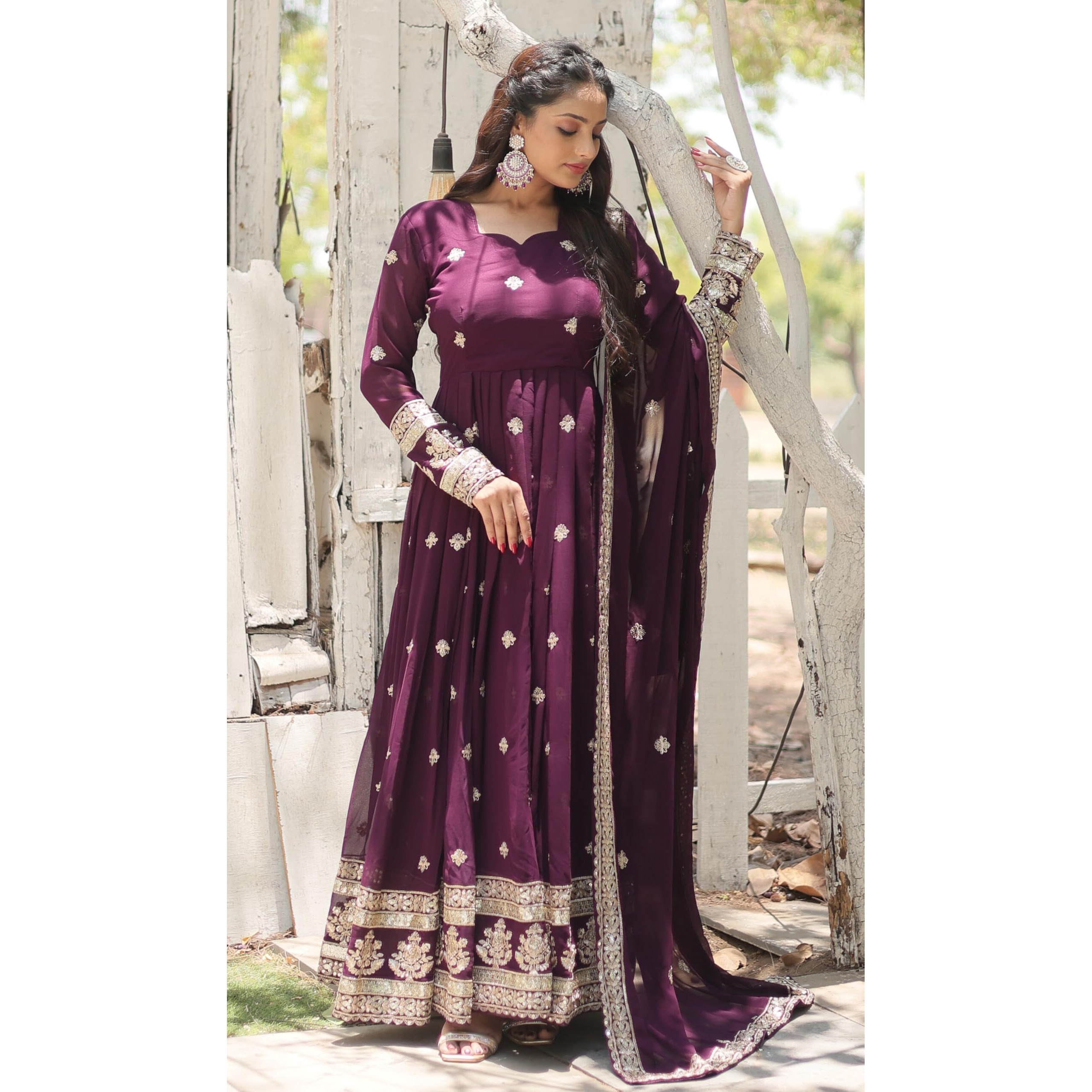 Wedani Faux Georgette with Embroidered Work Anarkali Set for Women (in, Alpha, XL, Regular, Wine)