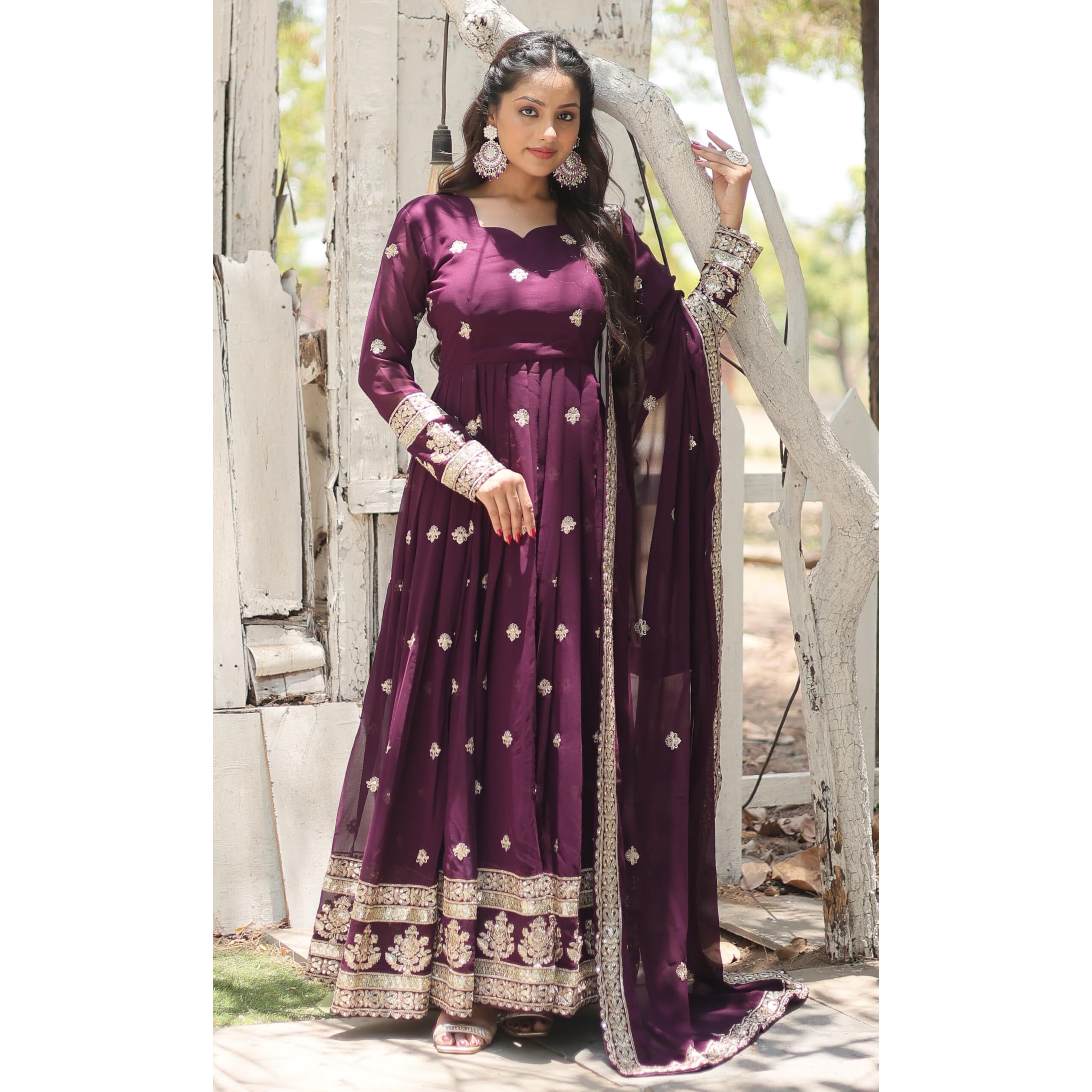 Wedani Faux Georgette with Embroidered Work Anarkali Set for Women (in, Alpha, XL, Regular, Wine)