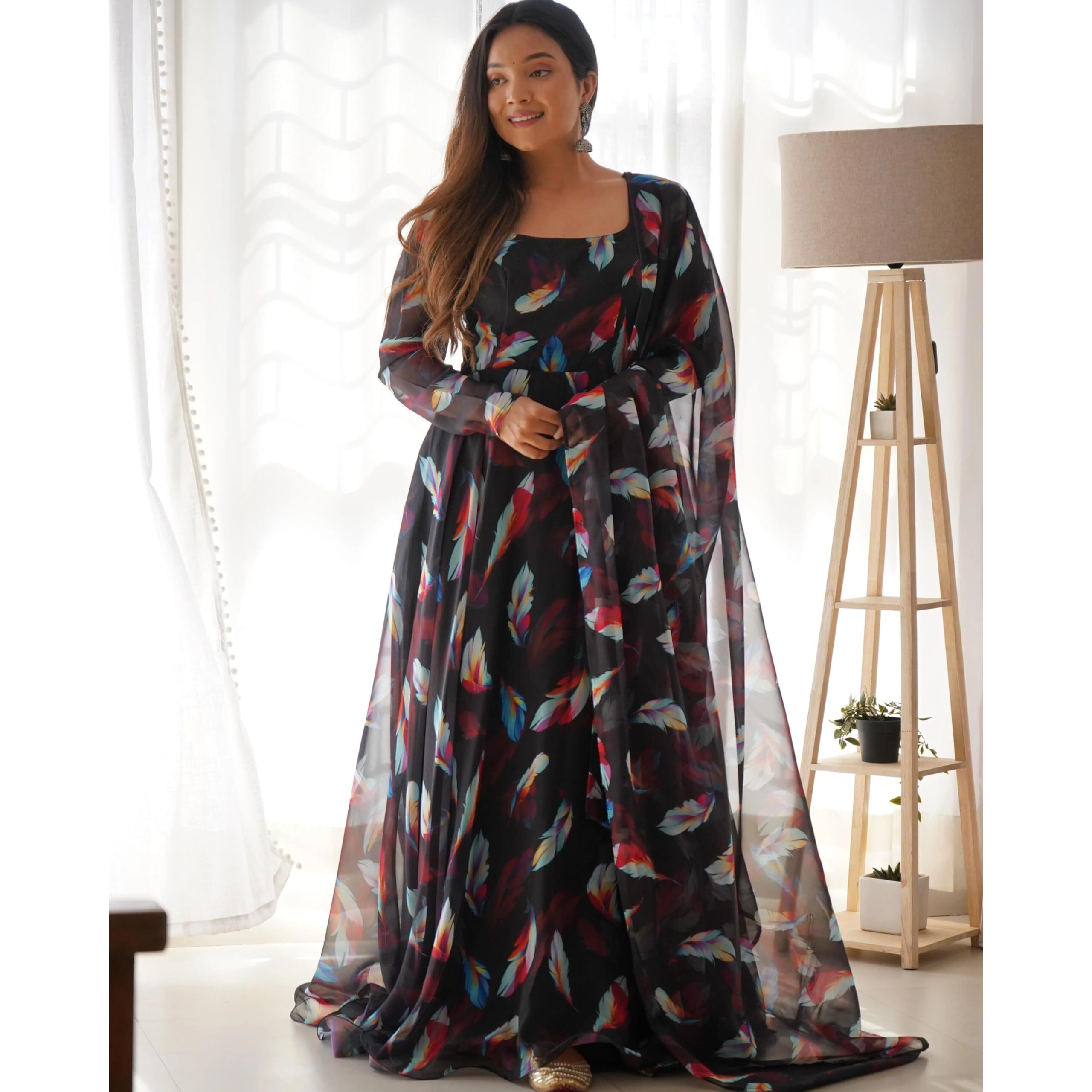 Women Floral Print Anarkali Kurta with Pant and Dupatta (Medium, Black-1)