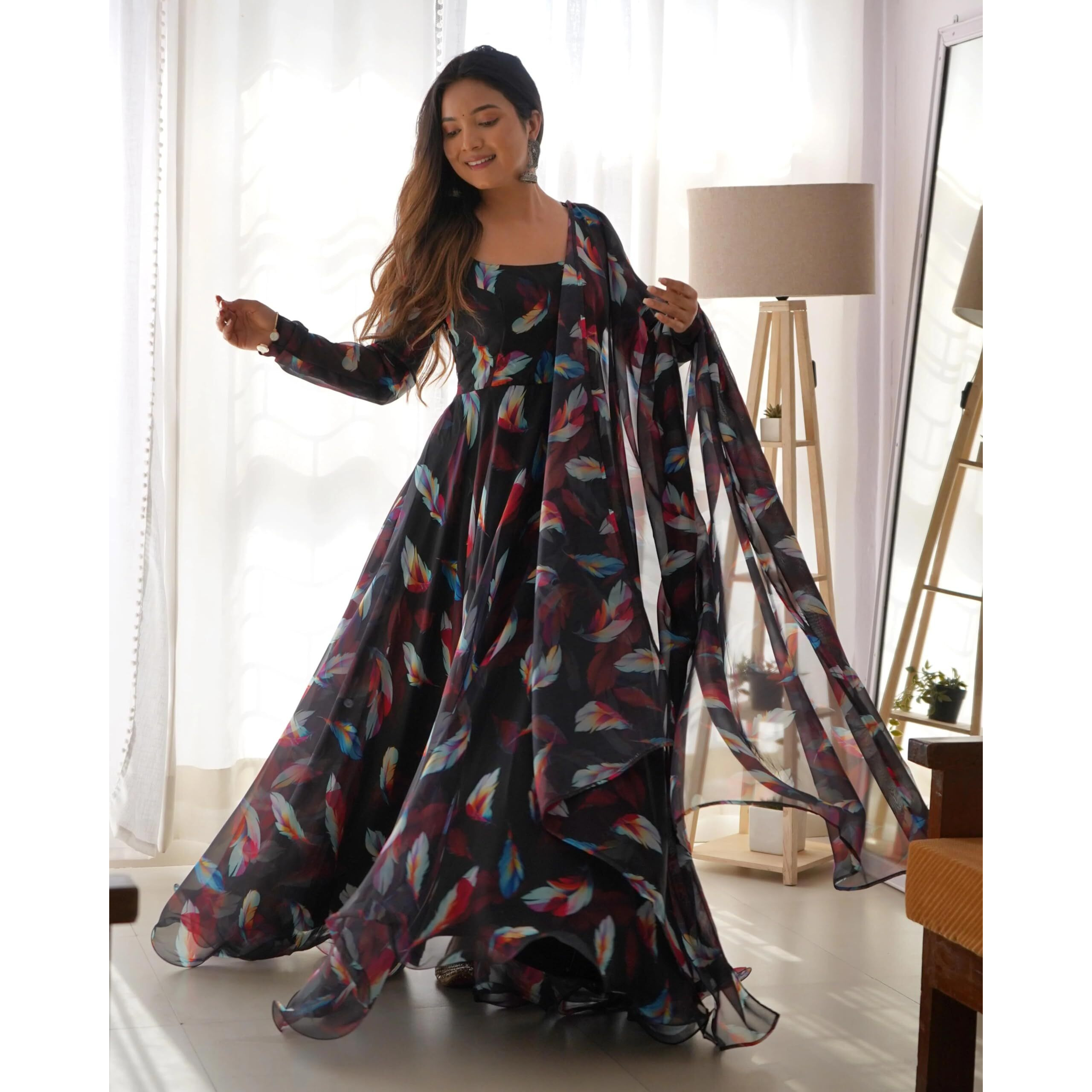 Women Floral Print Anarkali Kurta with Pant and Dupatta (Medium, Black-1)