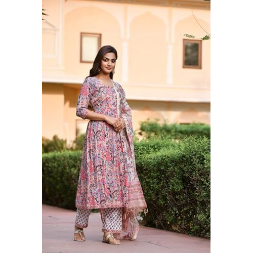 Wedani Women Floral Printed Kurta and Pant Set with Dupatta Pink
