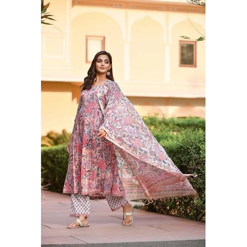 Wedani Women Floral Printed Kurta and Pant Set with Dupatta Pink