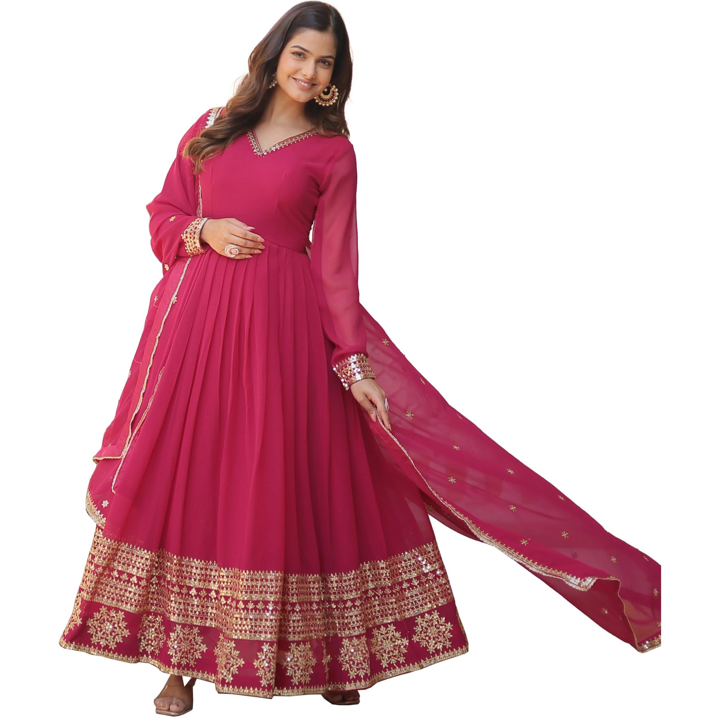 Wedani Georgette Embroidered Anarkali Kurta Set for Women (in, Alpha, M, Regular, Pink)