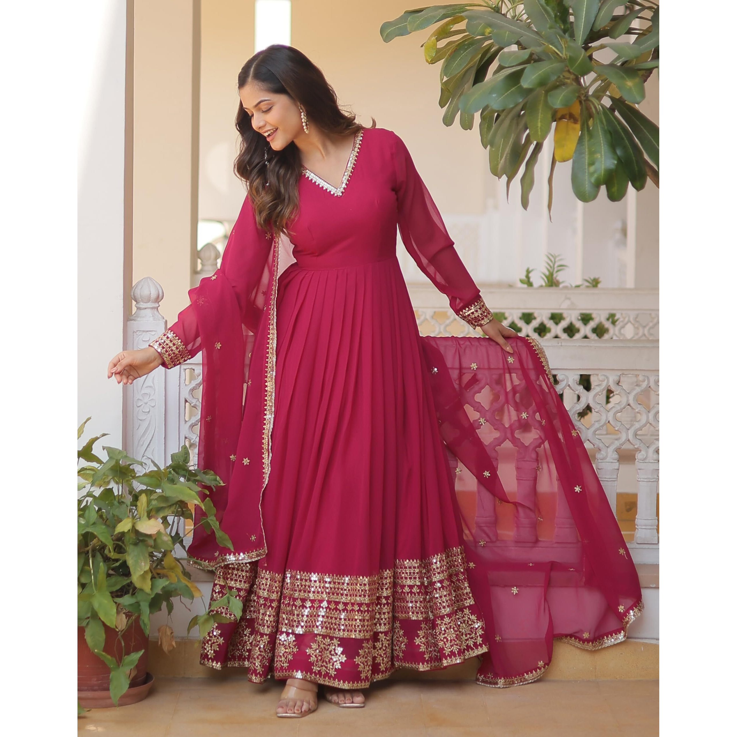 Wedani Georgette Embroidered Anarkali Kurta Set for Women (in, Alpha, M, Regular, Pink)