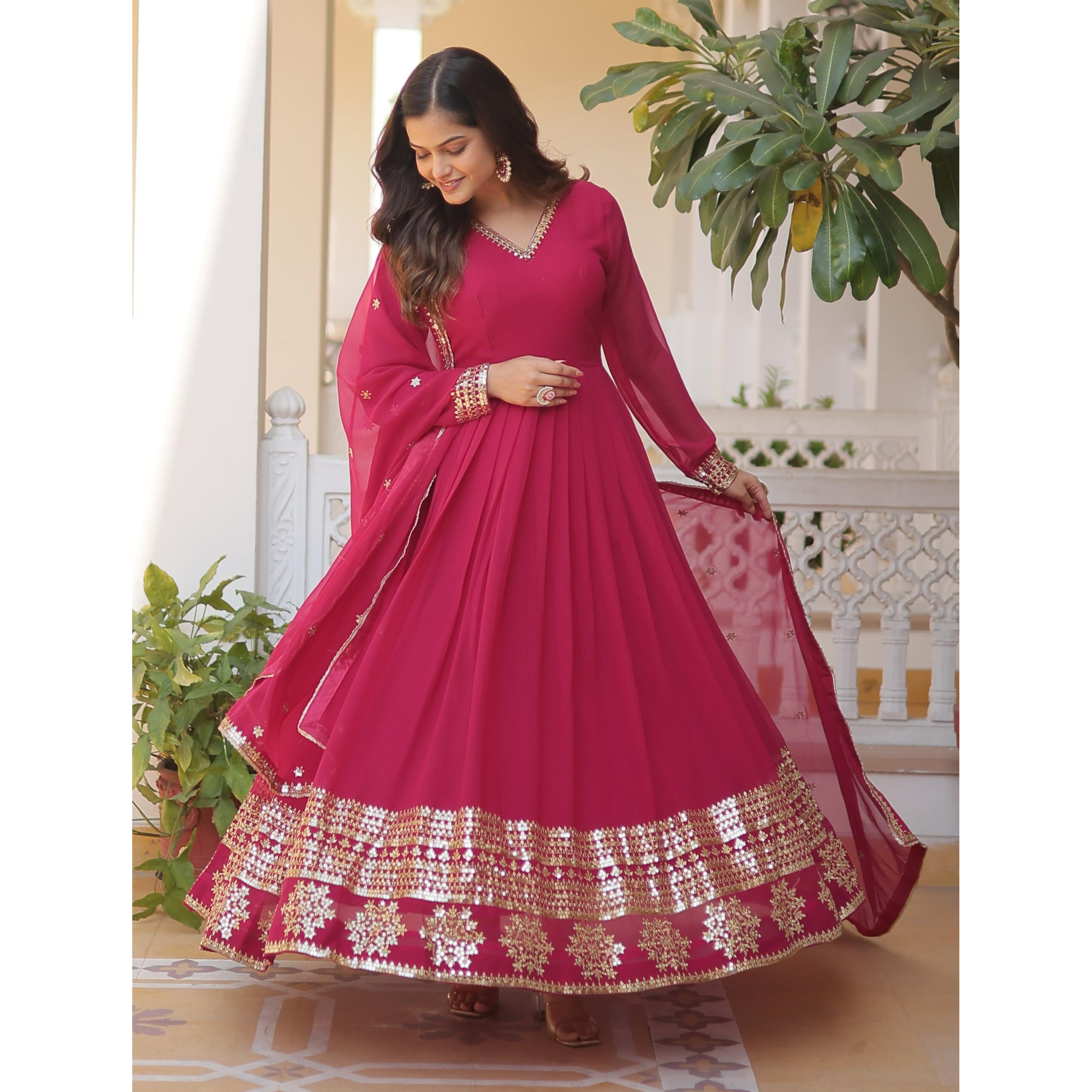 Wedani Georgette Embroidered Anarkali Kurta Set for Women (in, Alpha, M, Regular, Pink)