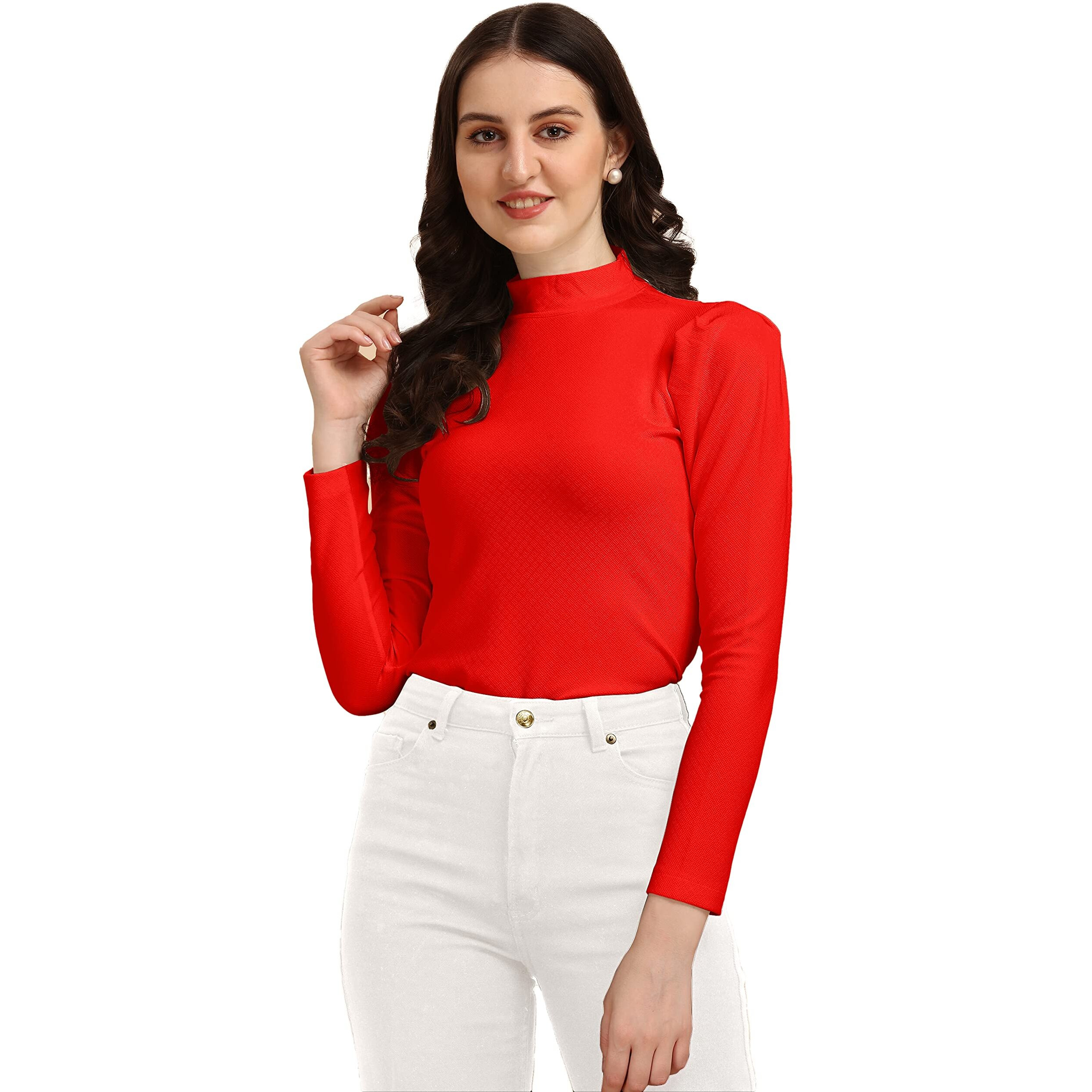 Wedani Women's Regular Long Sleeve Casual Solid Top (Small, Red)