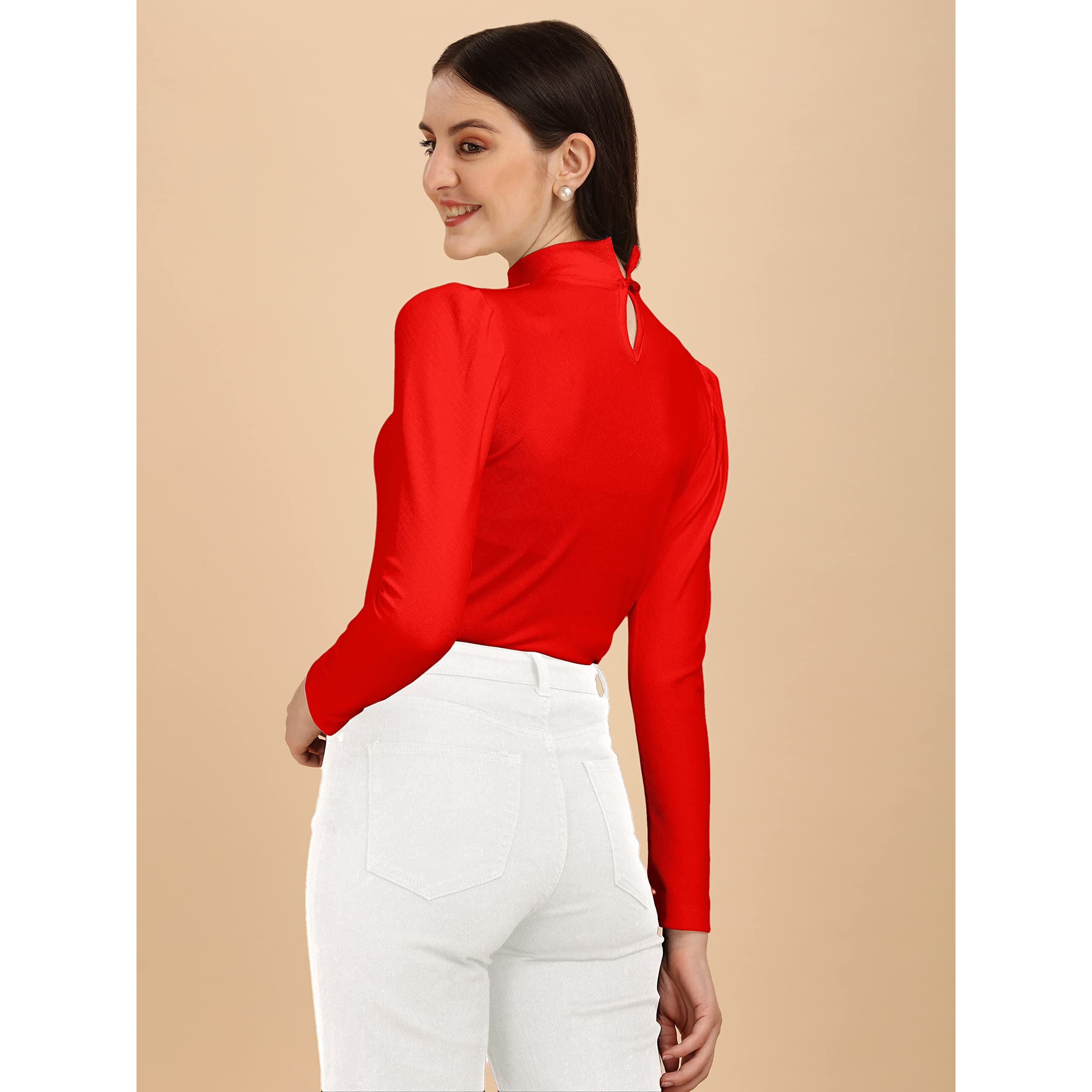 Wedani Women's Regular Long Sleeve Casual Solid Top (Small, Red)
