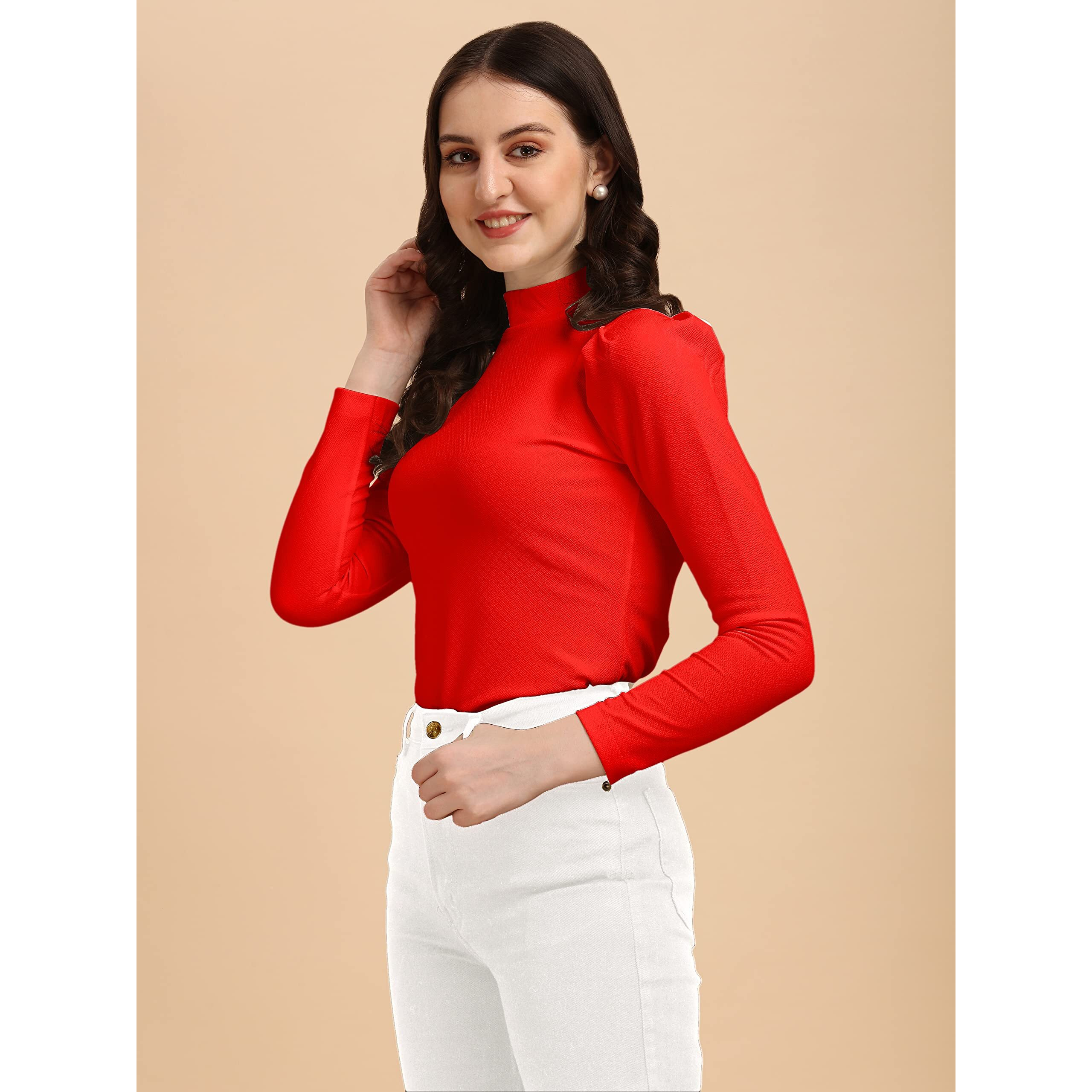 Wedani Women's Regular Long Sleeve Casual Solid Top (Small, Red)