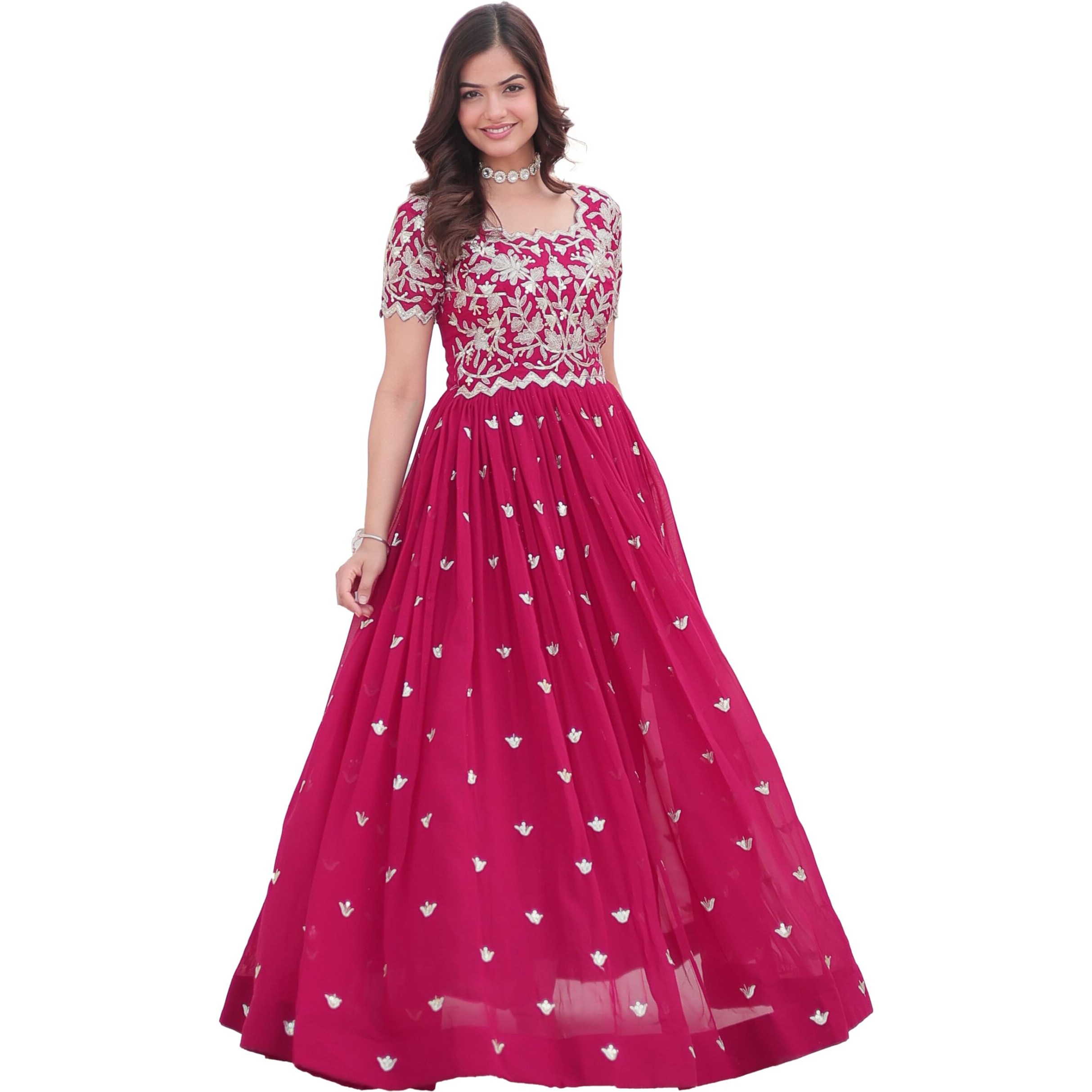 Wedani Faux Georgette Embroidered Work Anarkali Kurta Set for Women (in, Alpha, L, Regular, Pink)
