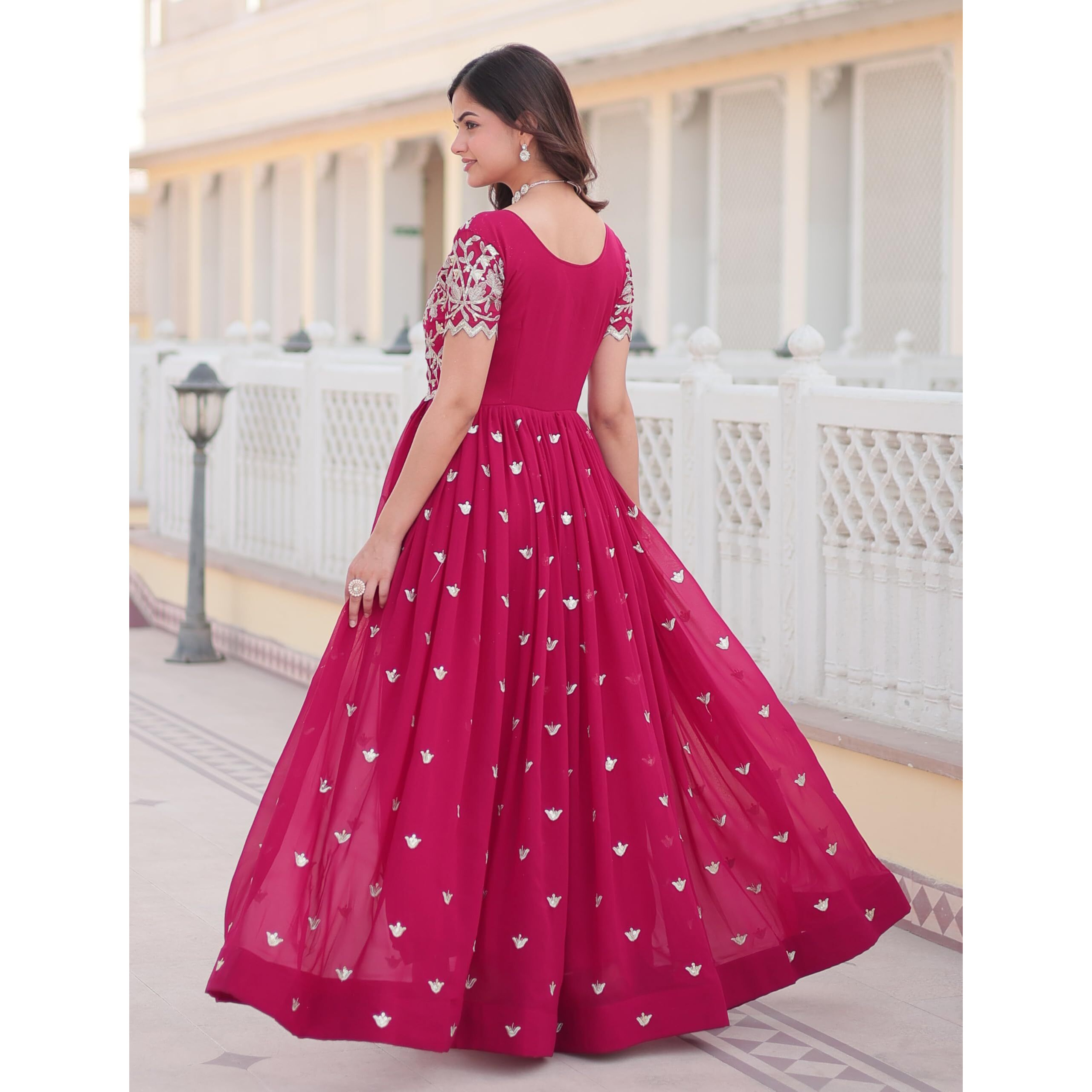 Wedani Faux Georgette Embroidered Work Anarkali Kurta Set for Women (in, Alpha, L, Regular, Pink)