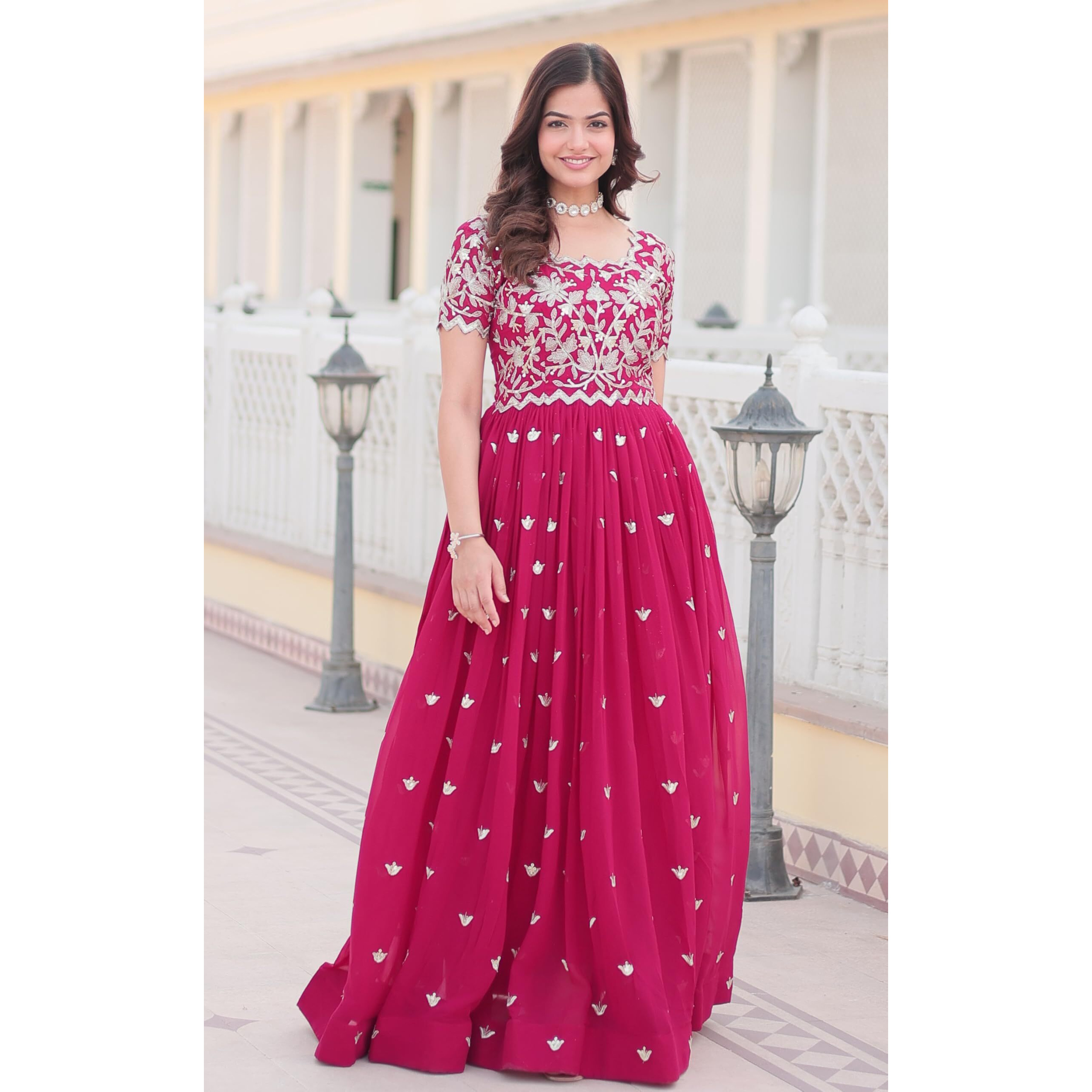 Wedani Faux Georgette Embroidered Work Anarkali Kurta Set for Women (in, Alpha, L, Regular, Pink)
