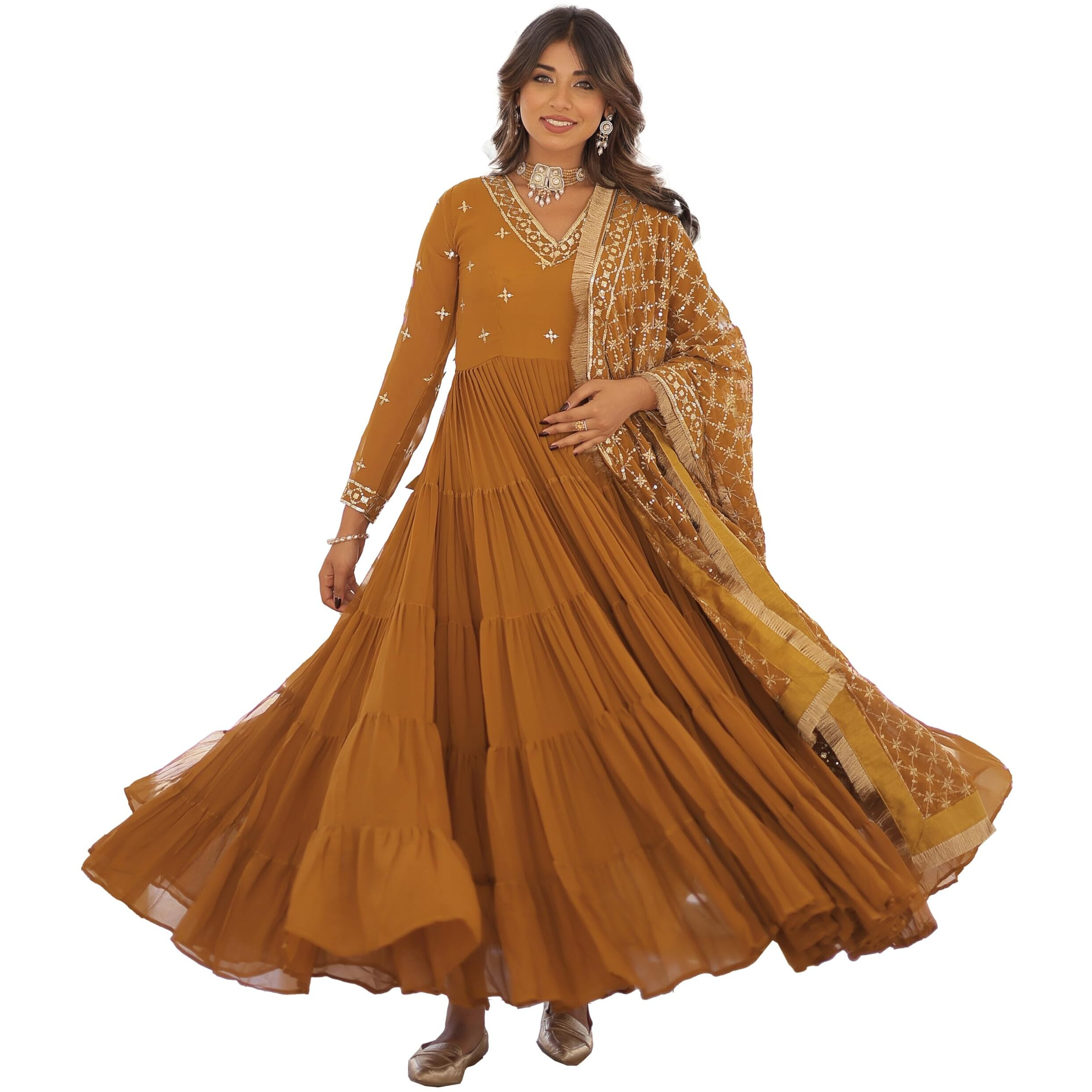 Wedani Georgette Sequins Embroidered Work Anrakali Kurta Set for Women (in, Alpha, L, Regular, Yellow)