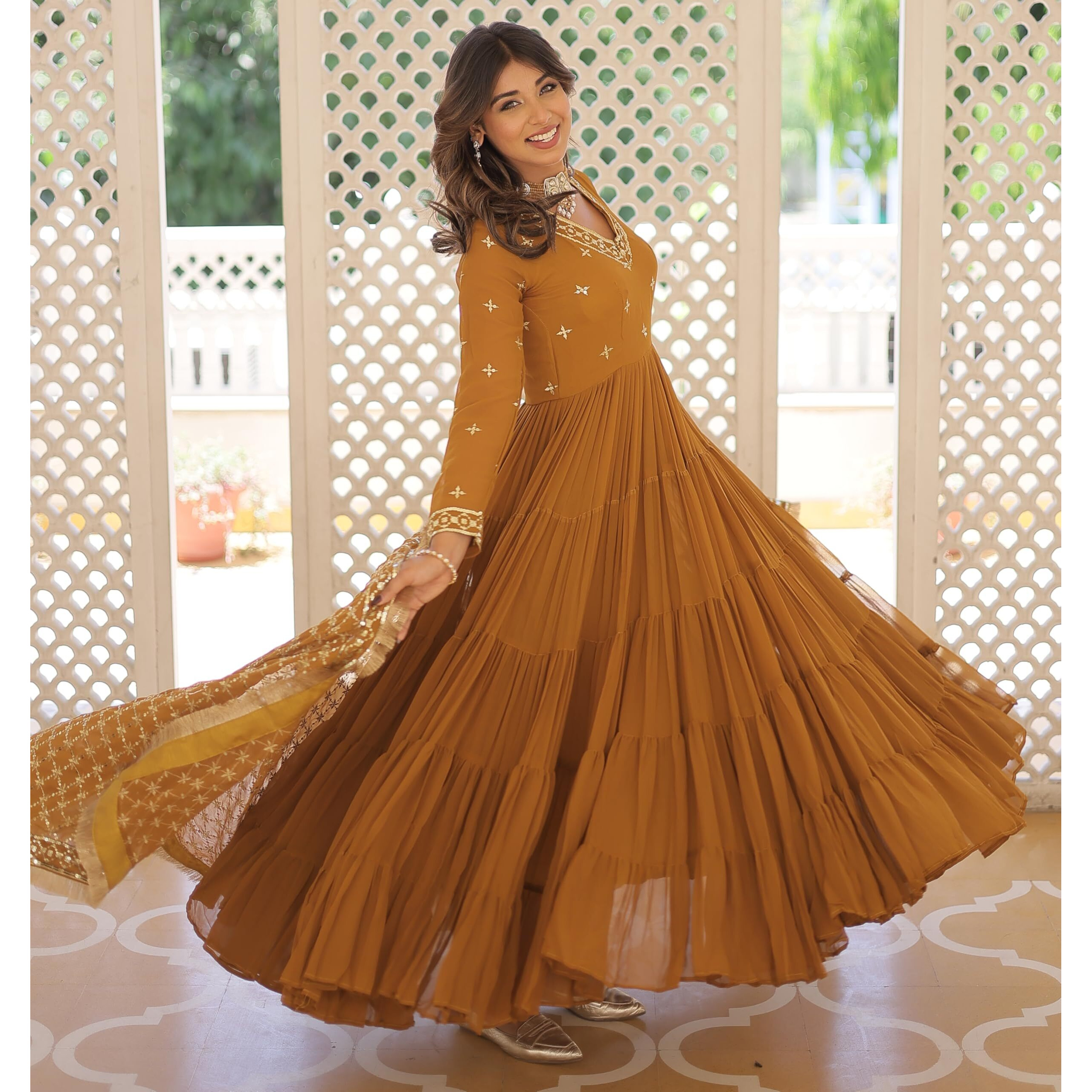 Wedani Georgette Sequins Embroidered Work Anrakali Kurta Set for Women (in, Alpha, L, Regular, Yellow)