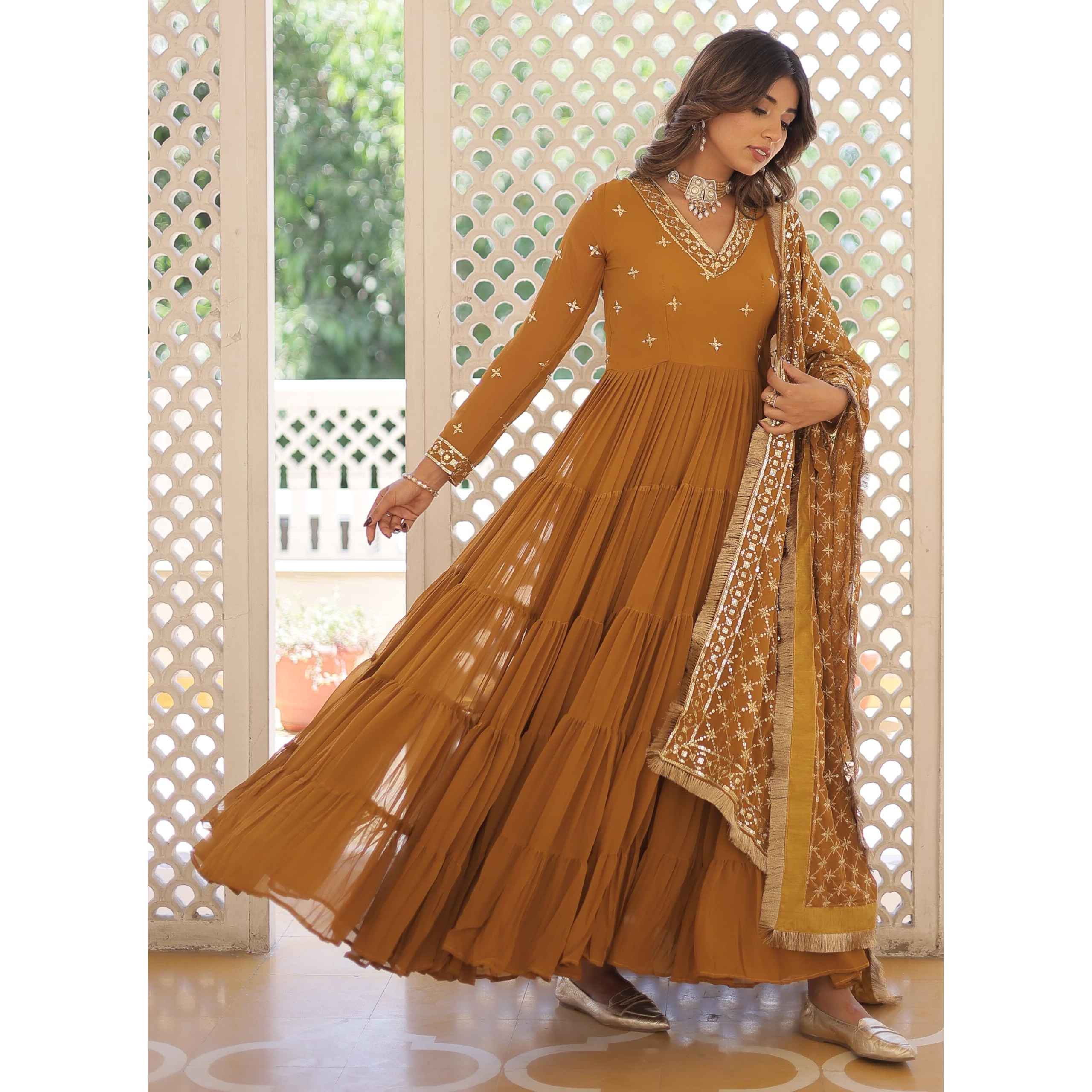 Wedani Georgette Sequins Embroidered Work Anrakali Kurta Set for Women (in, Alpha, L, Regular, Yellow)