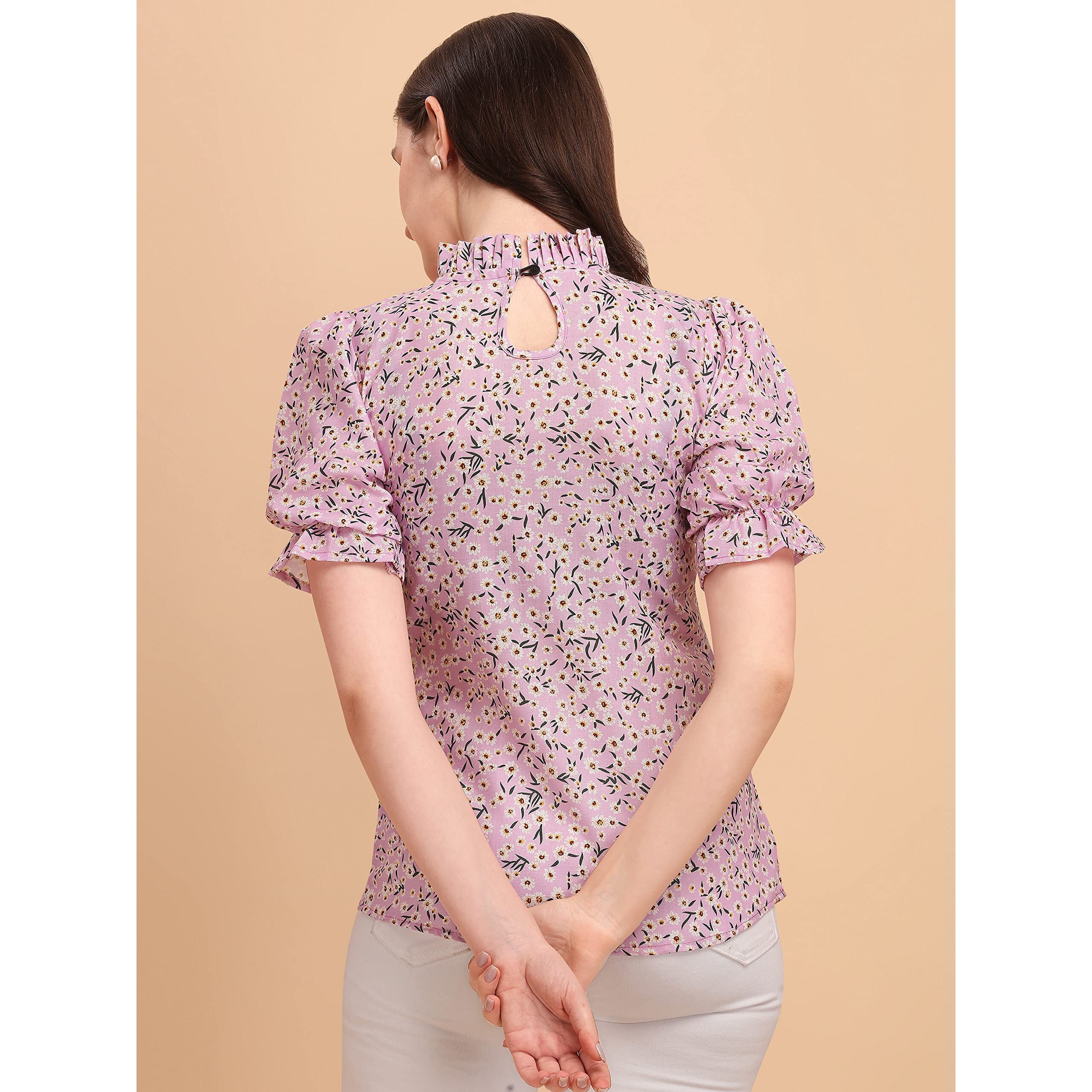 Wedani Women's Casual Puff Sleeves Ruffled Collor Foral Top (X-Large, Purple)