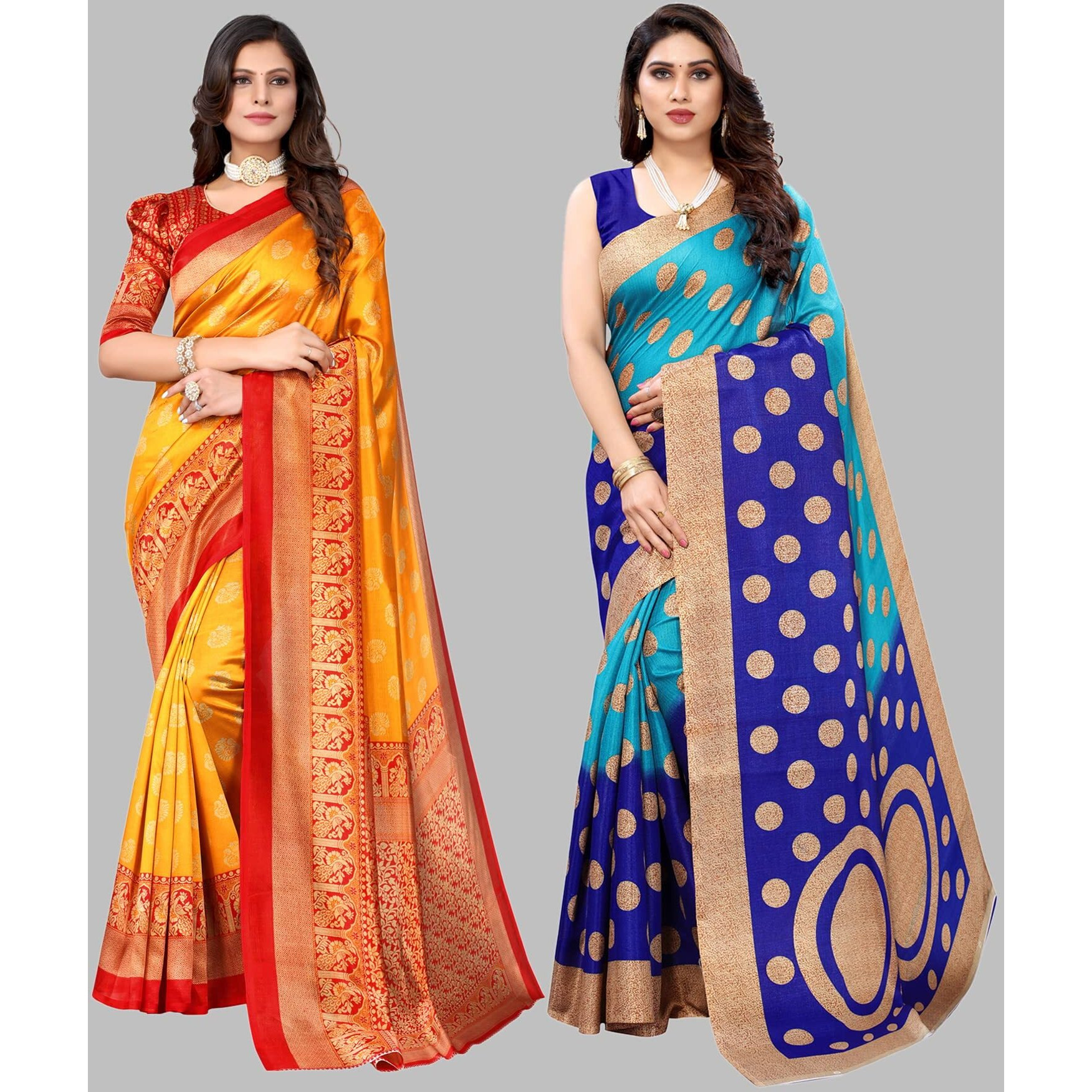 Yashika Women's Combo Art Silk Printed Saree With Blouse Piece Pack Of 2(MINALI MUSTARD-KORA BLUE)