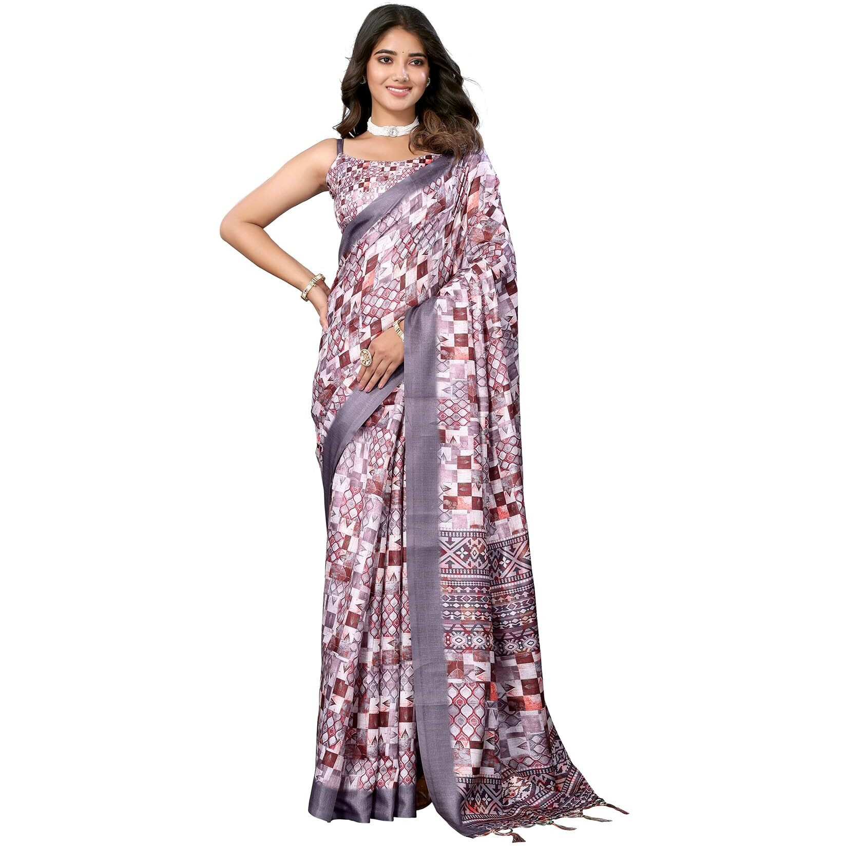 Yashika Women's Digital Print Art Silk Cotton Saree with Tassels and Golden Border - Lightweight and Elegant Ethnic Wear for Festive and Casual Occasions (AZ-YS-P1-PUSHPA 17)