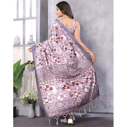 Yashika Women's Digital Print Art Silk Cotton Saree with Tassels and Golden Border - Lightweight and Elegant Ethnic Wear for Festive and Casual Occasions (AZ-YS-P1-PUSHPA 17)