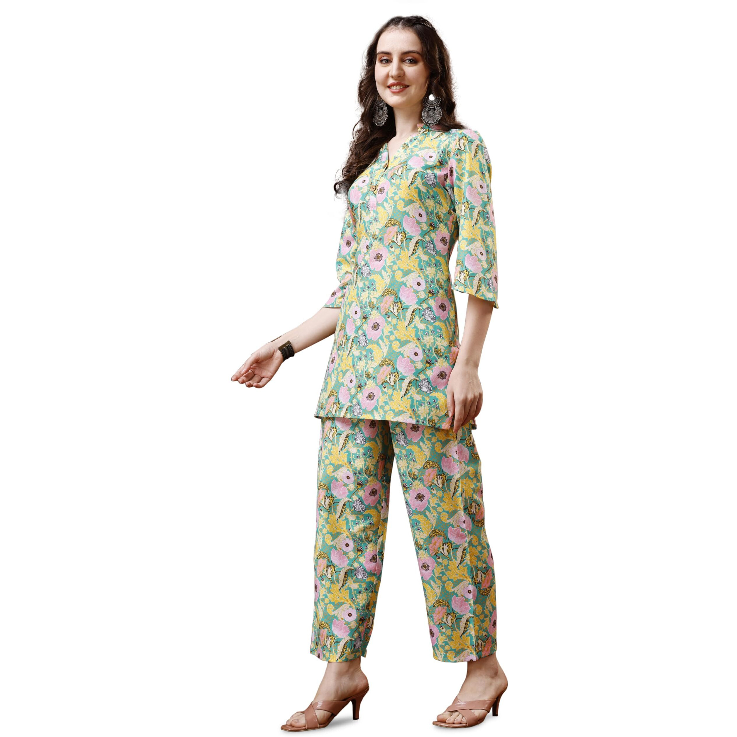Yashika Women's Cotton Blend Short Floral Kurta Palaazo Set||AZ-YS-P1-KS2075-S Green